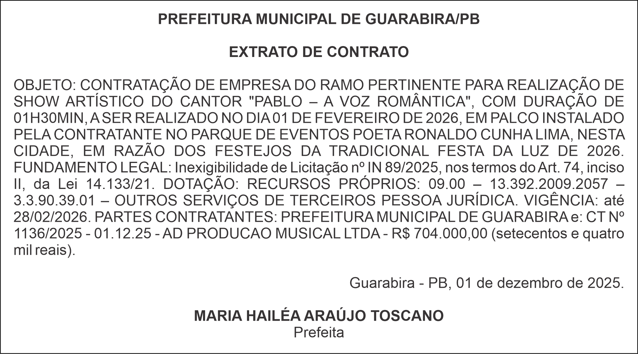 PREFEITURA MUNICIPAL DE GUARABIRA/PB – EXTRATO DE CONTRATO
