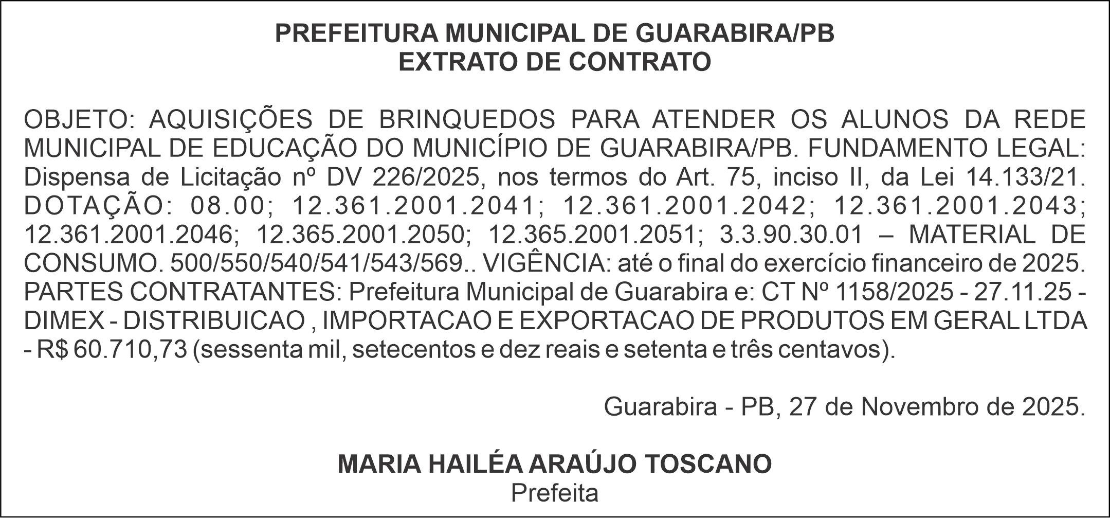 PREFEITURA MUNICIPAL DE GUARABIRA/PB – EXTRATO DE CONTRATO