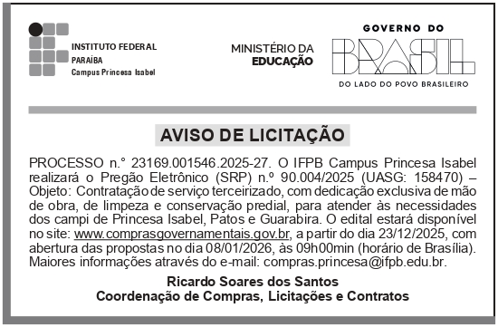IFPB – PB – PRINCESA ISABEL – CAMPUS – Aviso de Licitação – Pregão Eletrônico 90.004/2025