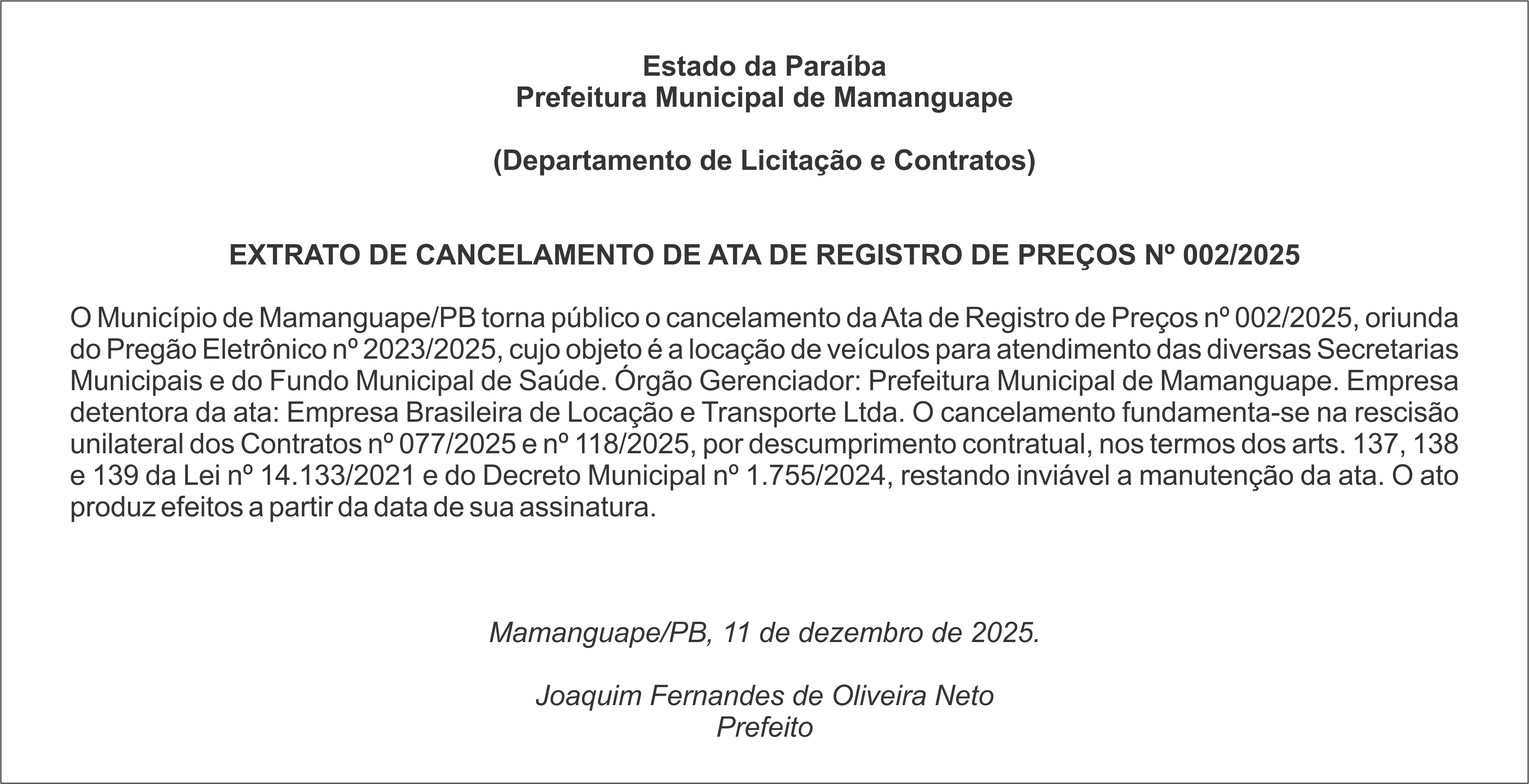 Prefeitura Municipal de Mamanguape- EXTRATO DE CANCELAMENTO DE ATA DE REGISTRO DE PREÇOS Nº 002/2025