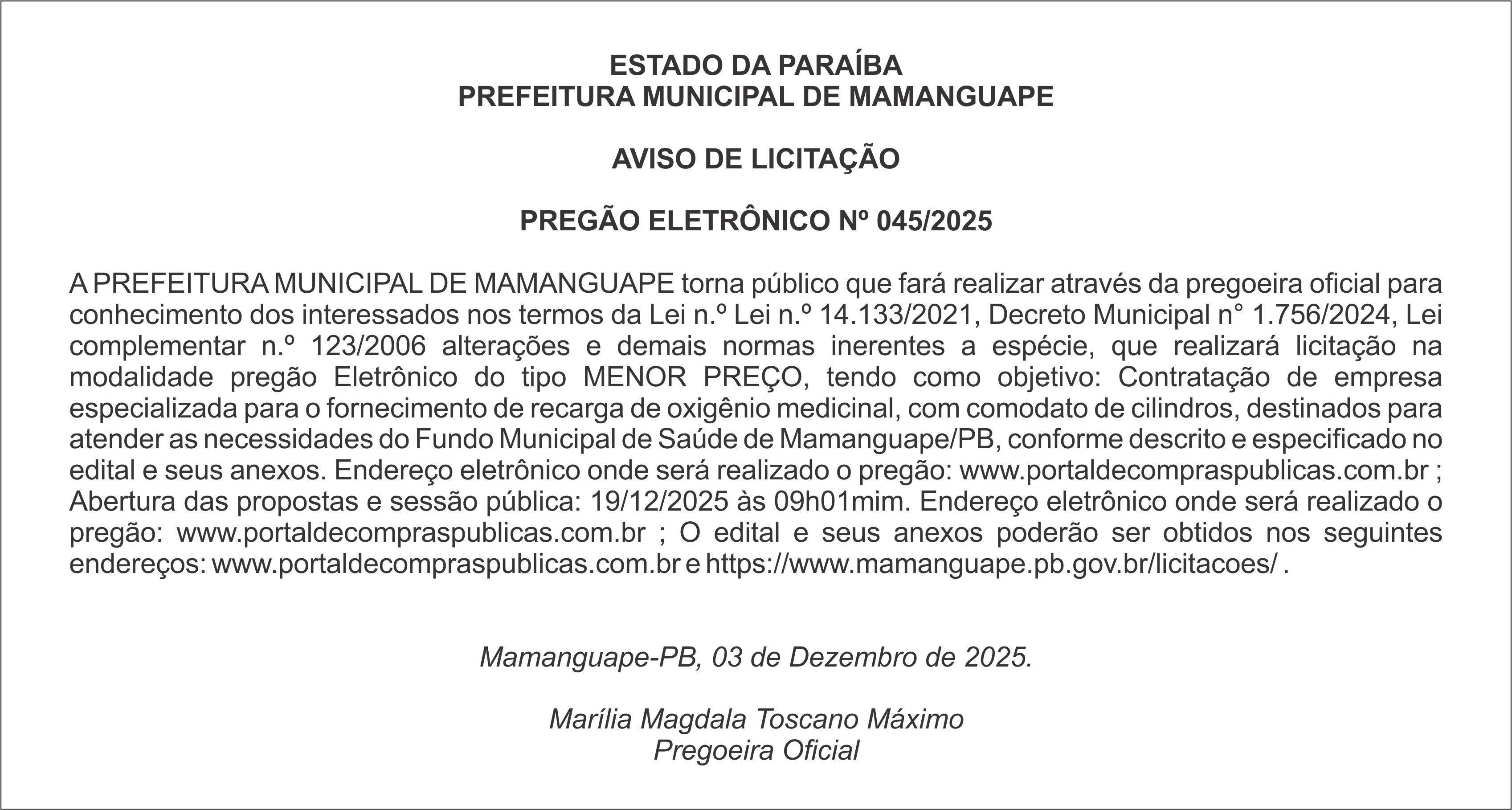 PREFEITURA MUNICIPAL DE MAMANGUAPE – AVISO DE LICITAÇÃO – PREGÃO ELETRÔNICO Nº 045/2025