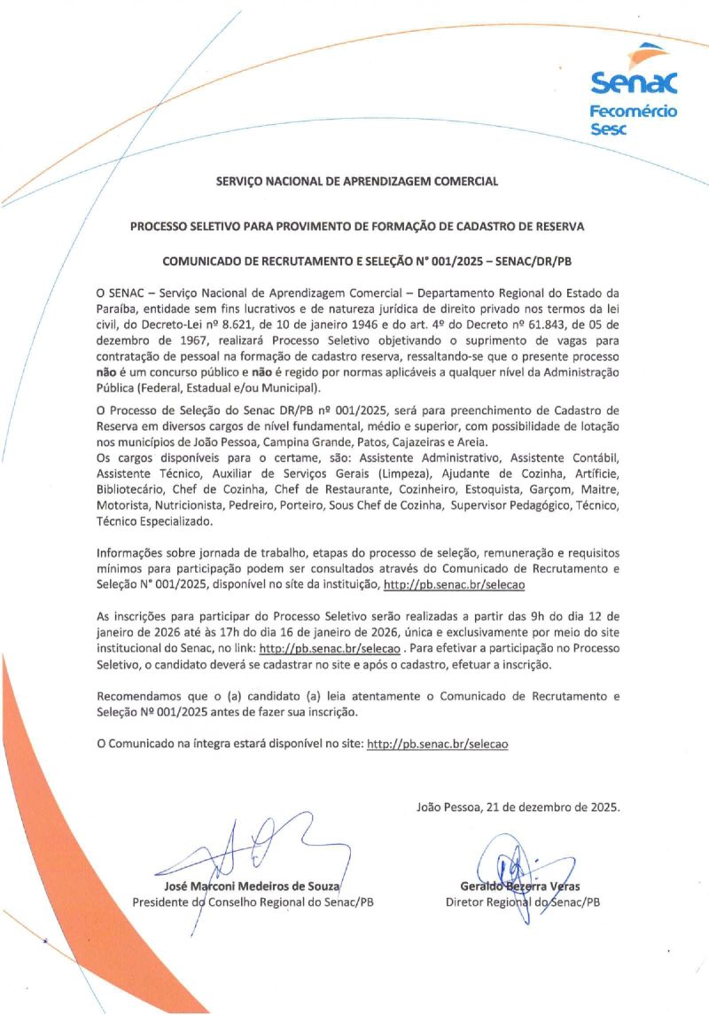 SENAC – PROCESSO SELETIVO PATA PROVIMENTO DE FORMAÇÃO CADASTRO DE RESERVA – COMUNICADO DE RECRUTAMENTO E SELEÇÃO N°001/2025 – SENAC/DR/PB