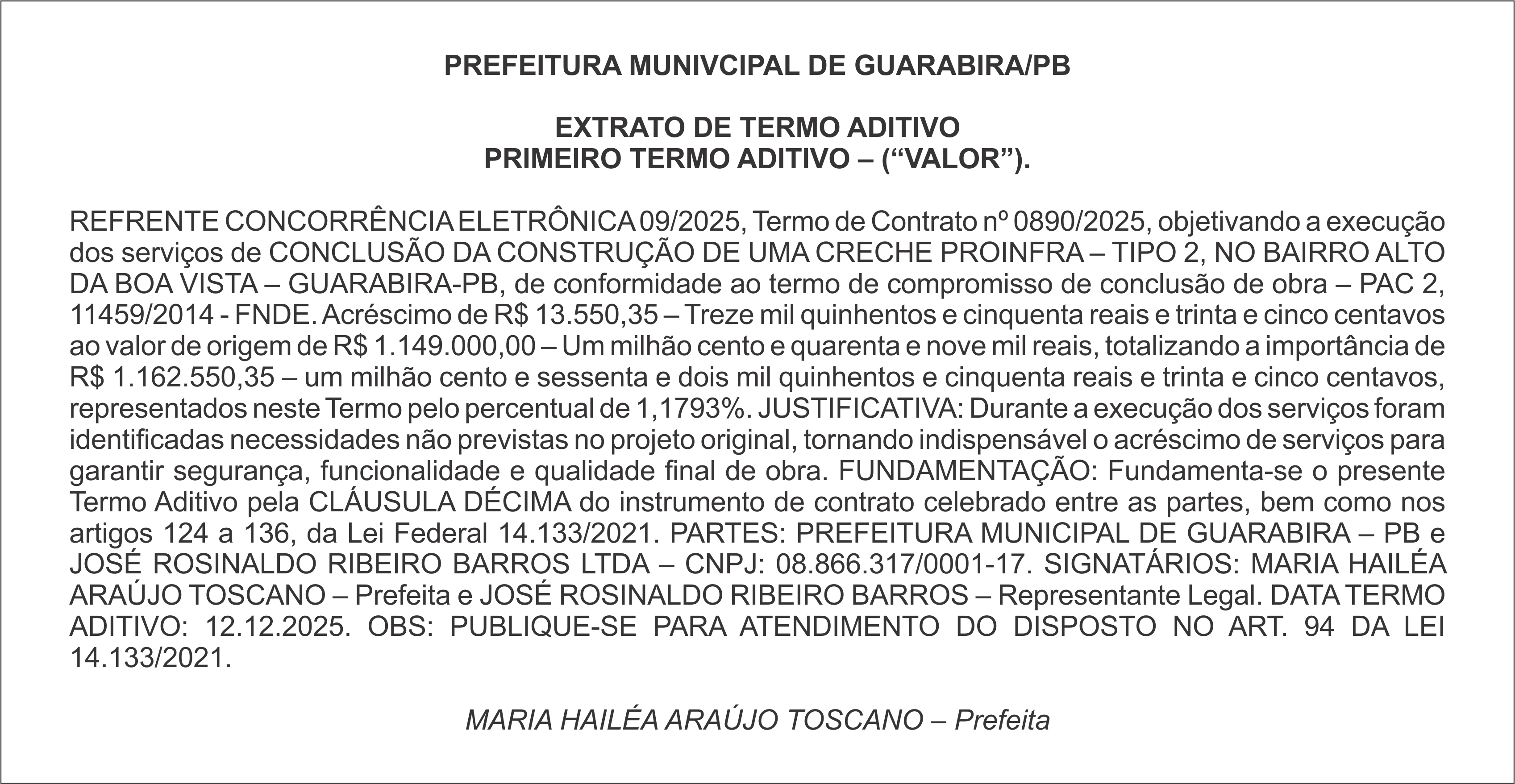 PREFEITURA MUNIVCIPAL DE GUARABIRA/PB – EXTRATO DE TERMO ADITIVO