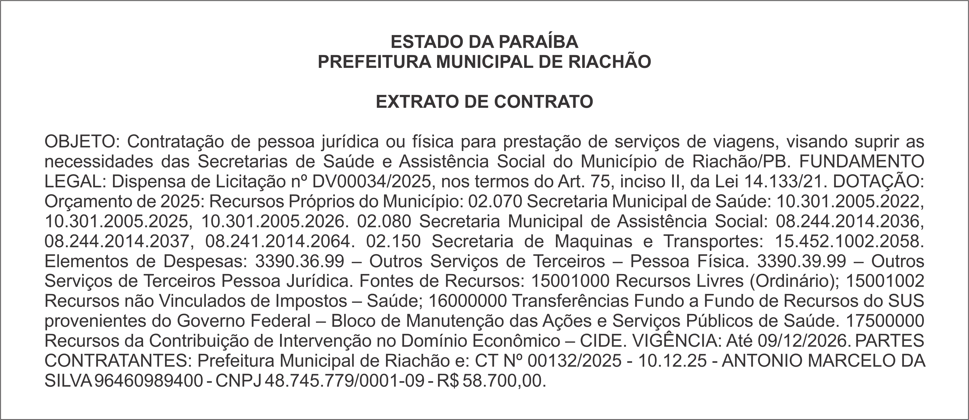 PREFEITURA MUNICIPAL DE RIACHÃO – EXTRATO DE CONTRATO