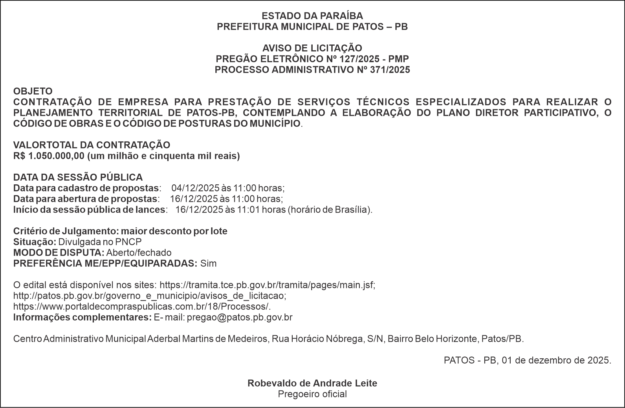PREFEITURA MUNICIPAL DE PATOS – PB – AVISO DE LICITAÇÃO – PREGÃO ELETRÔNICO Nº 127/2025 – PMP