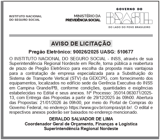 INSS – PE – RECIFE – AVISO DE LICITAÇÃO PREGÃO ELETRÔNICO: 90026/2025 UASG: 510677