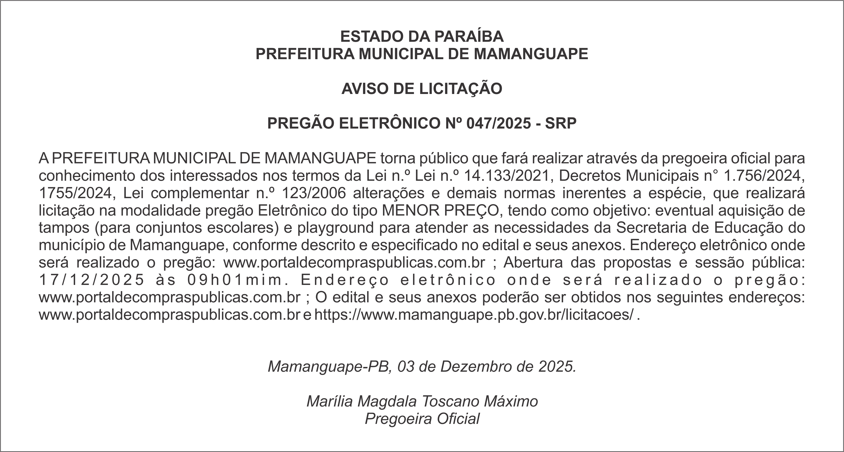 PREFEITURA MUNICIPAL DE MAMANGUAPE – AVISO DE LICITAÇÃO – PREGÃO ELETRÔNICO Nº 047/2025 – SRP
