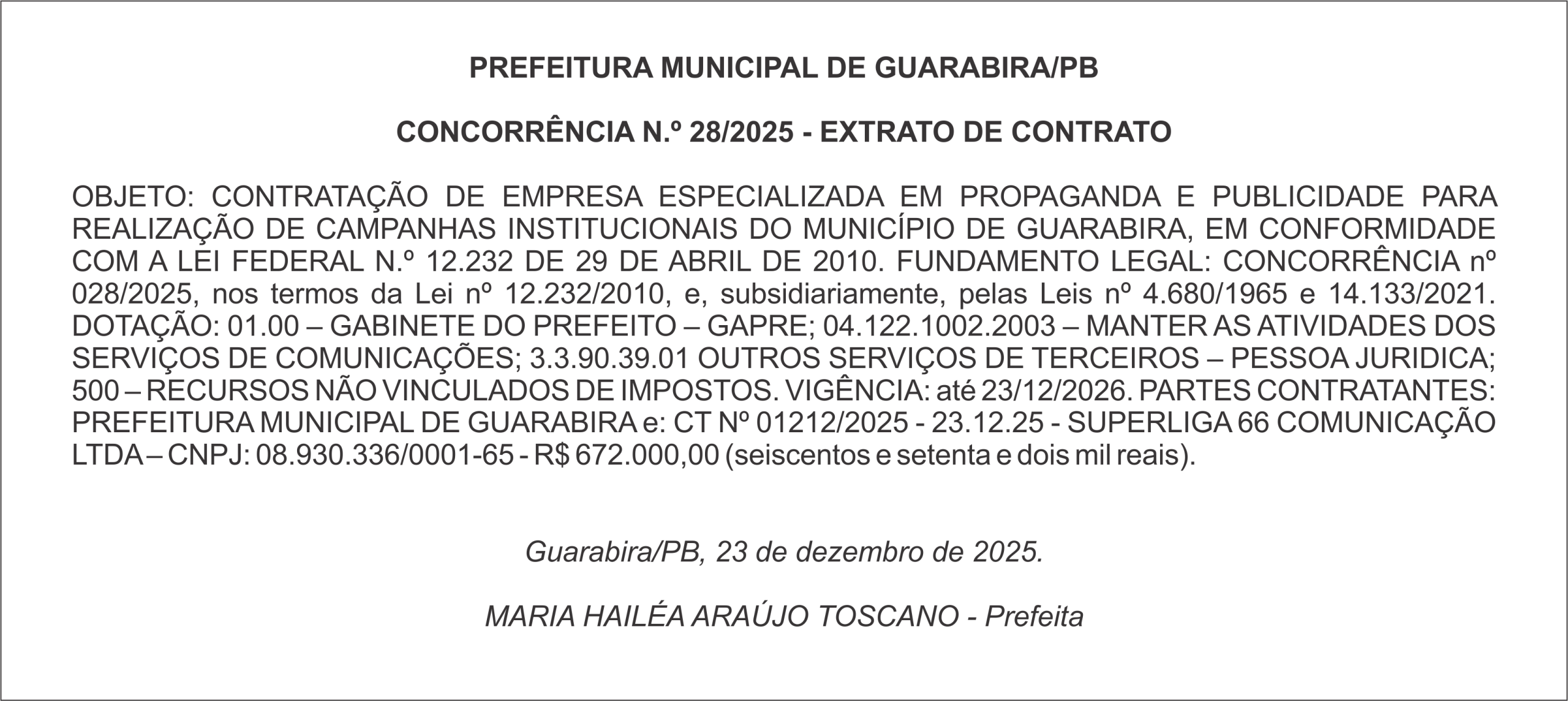 PREFEITURA MUNICIPAL DE GUARABIRA/PB – CONCORRÊNCIA N.º 28/2025 – EXTRATO DE CONTRATO