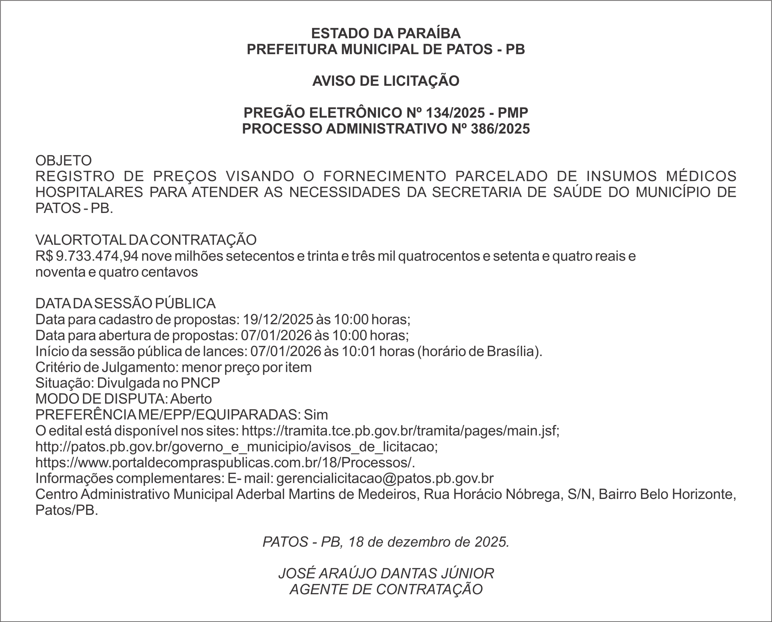 PREFEITURA MUNICIPAL DE PATOS – PB – PREGÃO ELETRÔNICO Nº 134/2025 – PMP