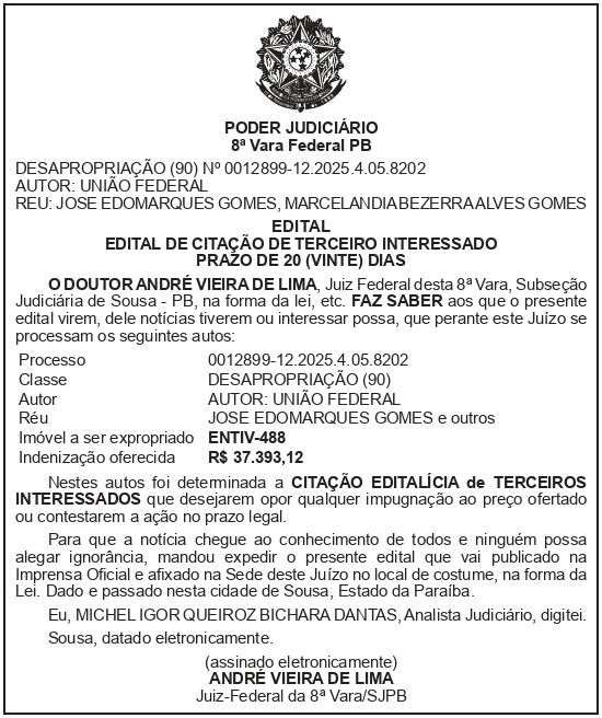 SECRETARIA NACIONAL DE SEGURANÇA HIDRICA – SNSH – MDR – DF – BRASÍLIA – Edital de Citação de Terceiros Interessados – ENTIV-488 (JOSÉ EDOMARQUES GOMES)