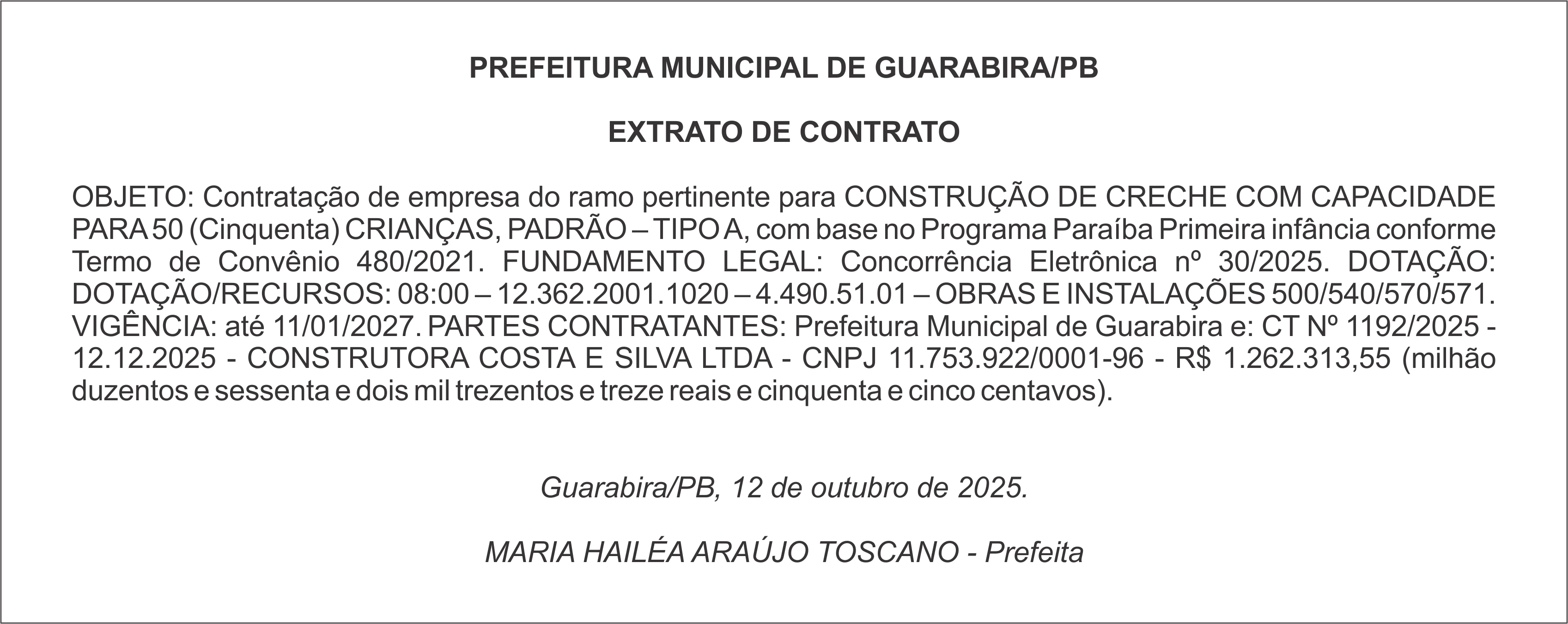 PREFEITURA MUNICIPAL DE GUARABIRA/PB – EXTRATO DE CONTRATO