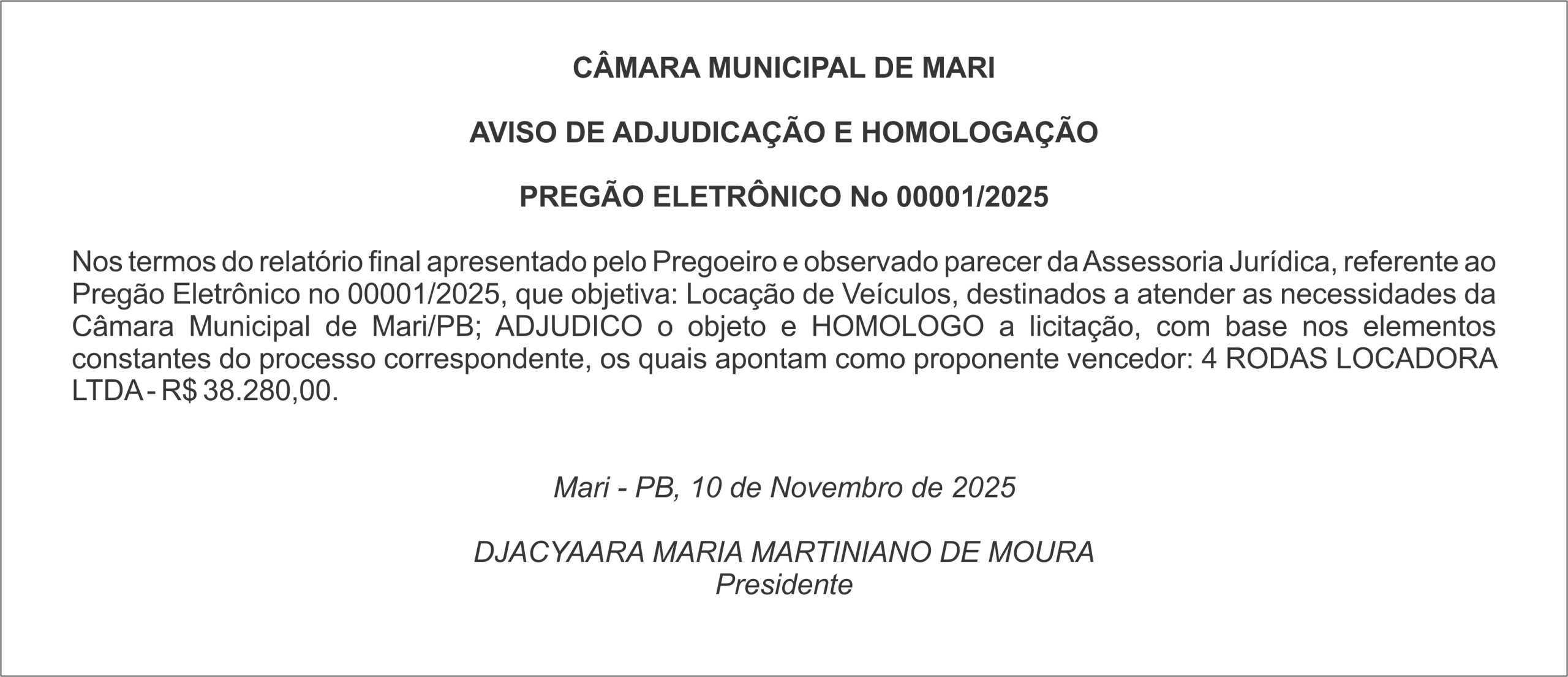 CÂMARA MUNICIPAL DE MARI – AVISO DE ADJUDICAÇÃO E HOMOLOGAÇÃO – PREGÃO ELETRÔNICO No 00001/2025