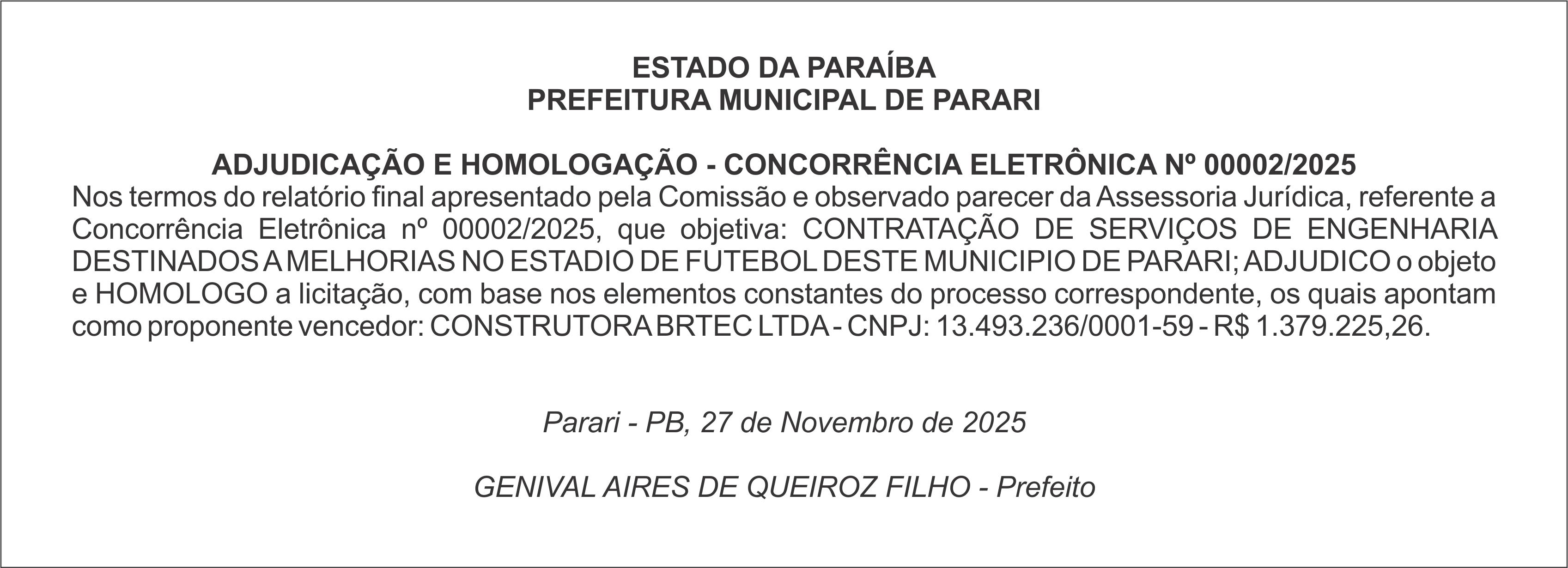 PREFEITURA MUNICIPAL DE PARARI – ADJUDICAÇÃO E HOMOLOGAÇÃO – CONCORRÊNCIA ELETRÔNICA Nº 00002/2025
