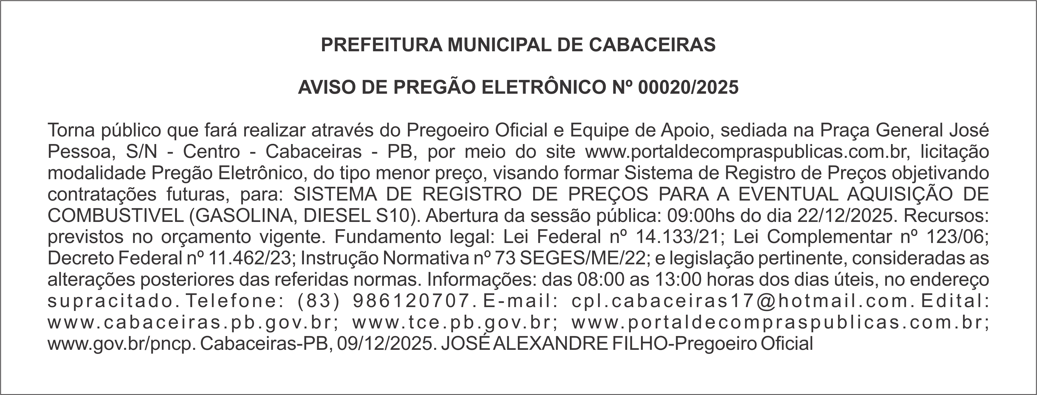 PREFEITURA MUNICIPAL DE CABACEIRAS – AVISO DE PREGÃO ELETRÔNICO Nº 00020/2025
