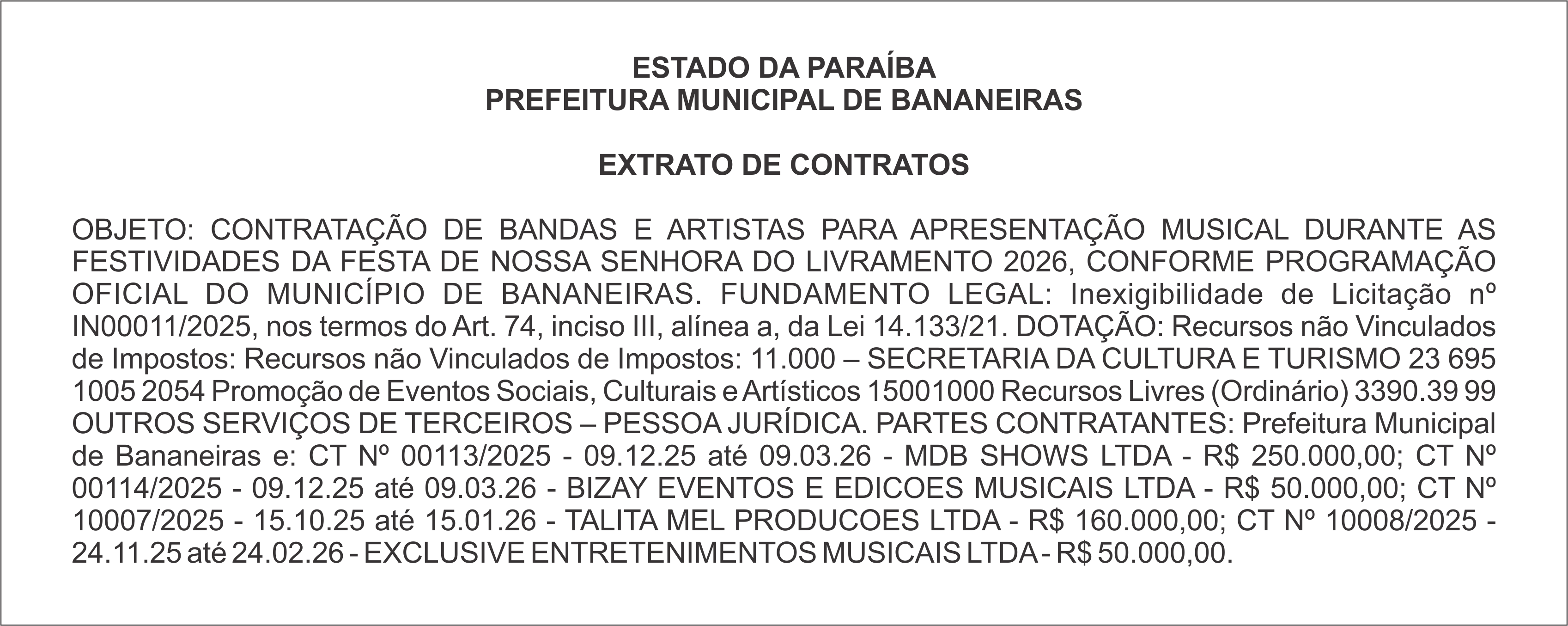 PREFEITURA MUNICIPAL DE BANANEIRAS – EXTRATO DE CONTRATOS