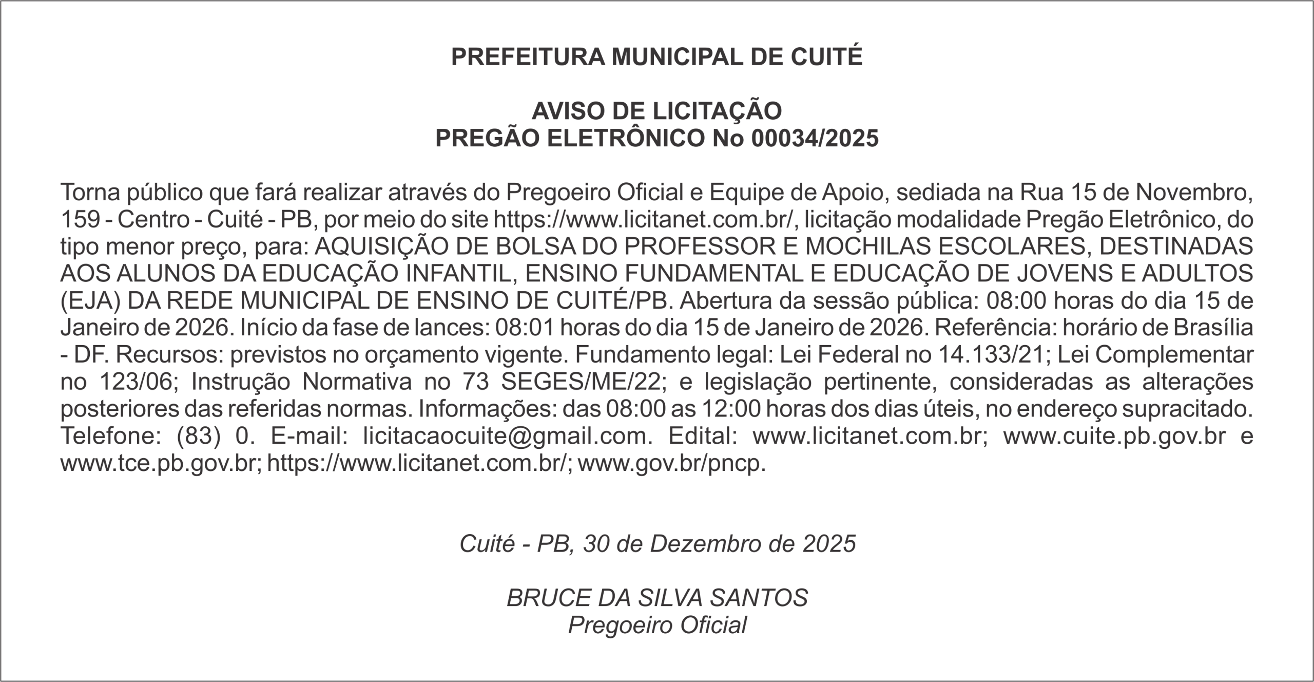 PREFEITURA MUNICIPAL DE CUITÉ – AVISO DE LICITAÇÃO – PREGÃO ELETRÔNICO No 00034/2025