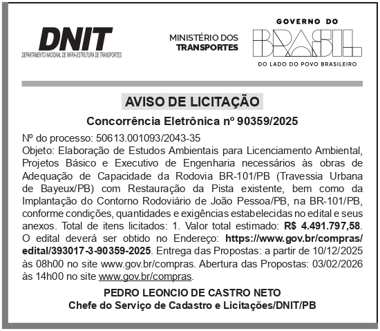 DNIT – PB – JOÃO PESSOA – Aviso de licitação Concorrência Eletrônica No 90359/2025