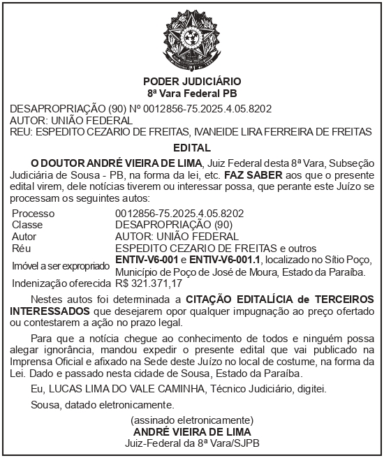 SECRETARIA NACIONAL DE SEGURANÇA HIDRICA – SNSH – MDR – DF – BRASÍLIA – Edital de Citação de Terceiro Interessado – ENTIV-V6-001, ENTIV-V6-001.1 (ESPEDITO CEZÁRIO DE FREITAS)