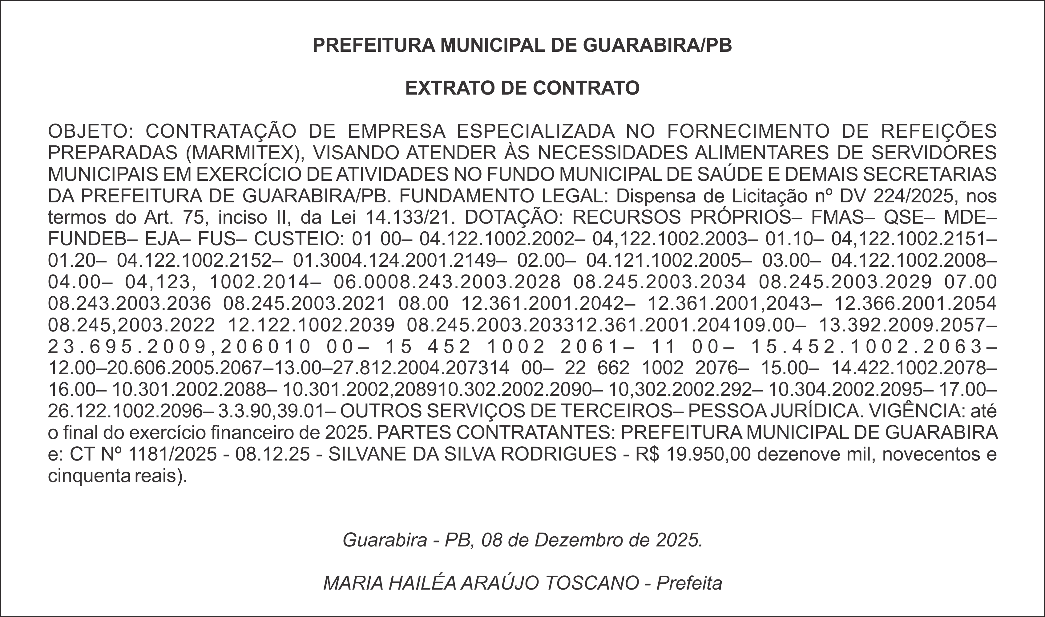 PREFEITURA MUNICIPAL DE GUARABIRA/PB – EXTRATO DE CONTRATO