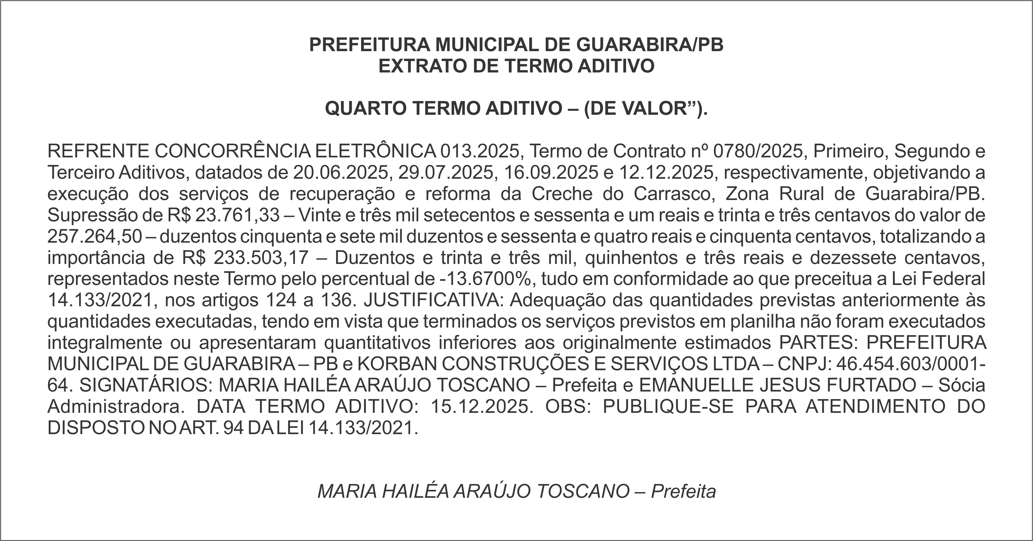 PREFEITURA MUNICIPAL DE GUARABIRA/PB – EXTRATO DE TERMO ADITIVO