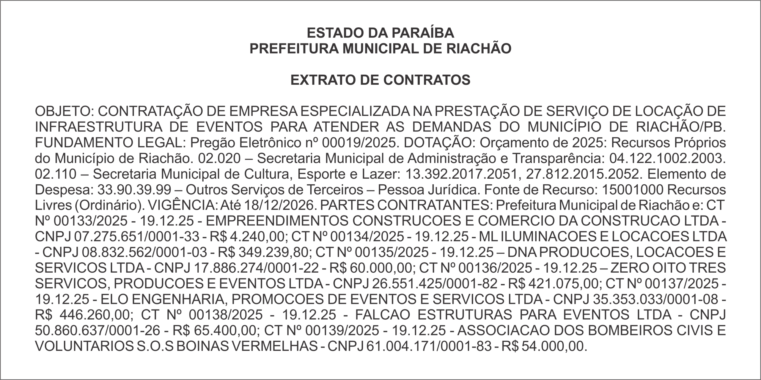 PREFEITURA MUNICIPAL DE RIACHÃO – EXTRATO DE CONTRATOS