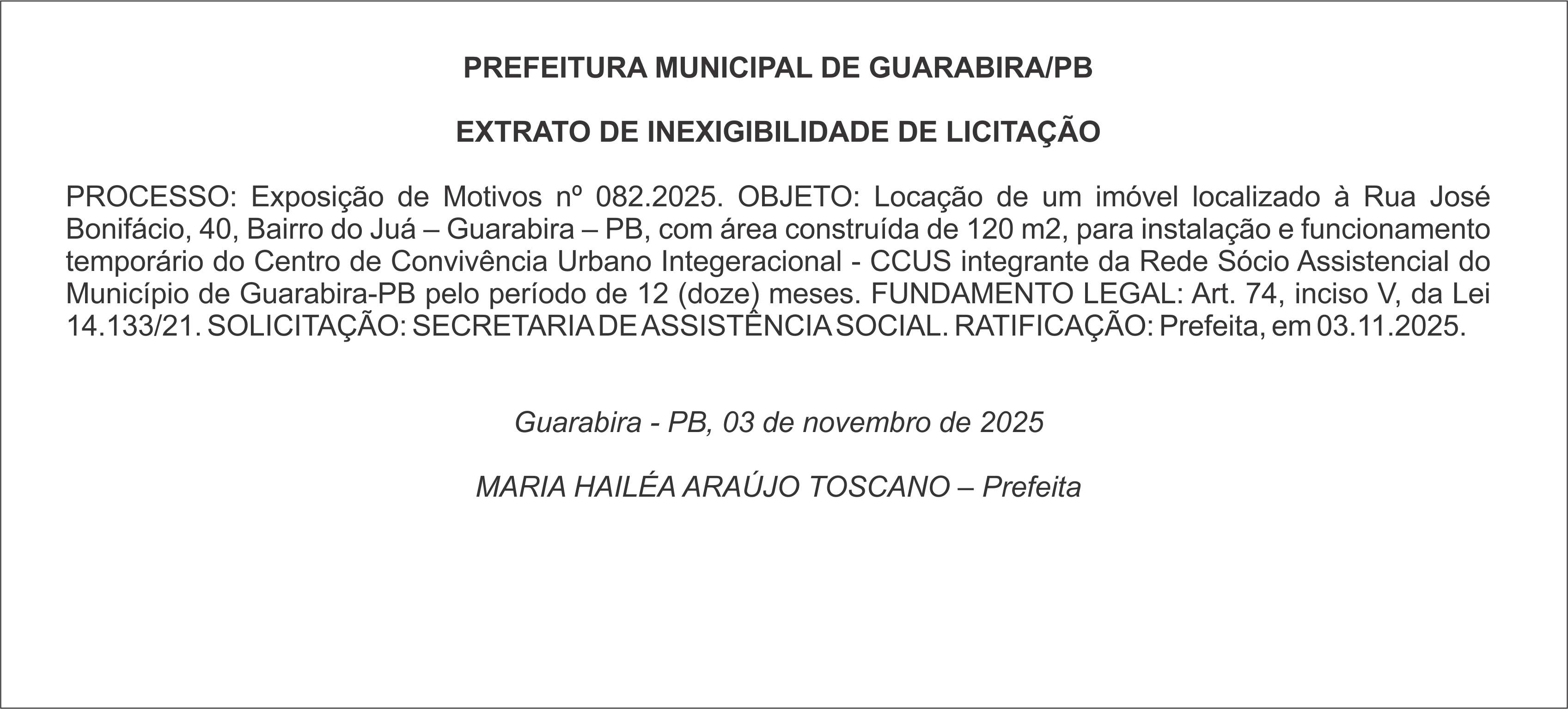 PREFEITURA MUNICIPAL DE GUARABIRA/PB – EXTRATO DE INEXIGIBILIDADE DE LICITAÇÃO