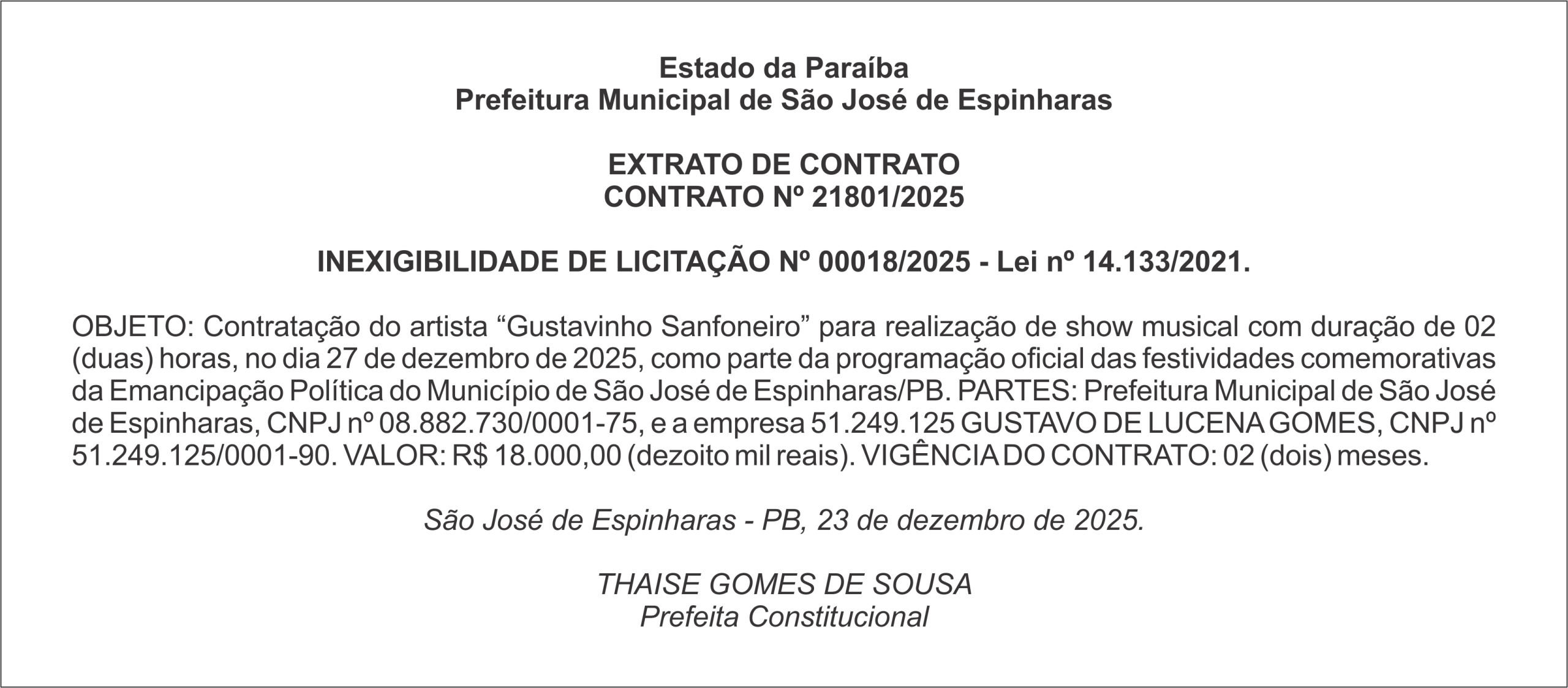 PREFEITURA DE SÃO JOSÉ DE ESPINHARAS – EXTRATO DE CONTRATO
