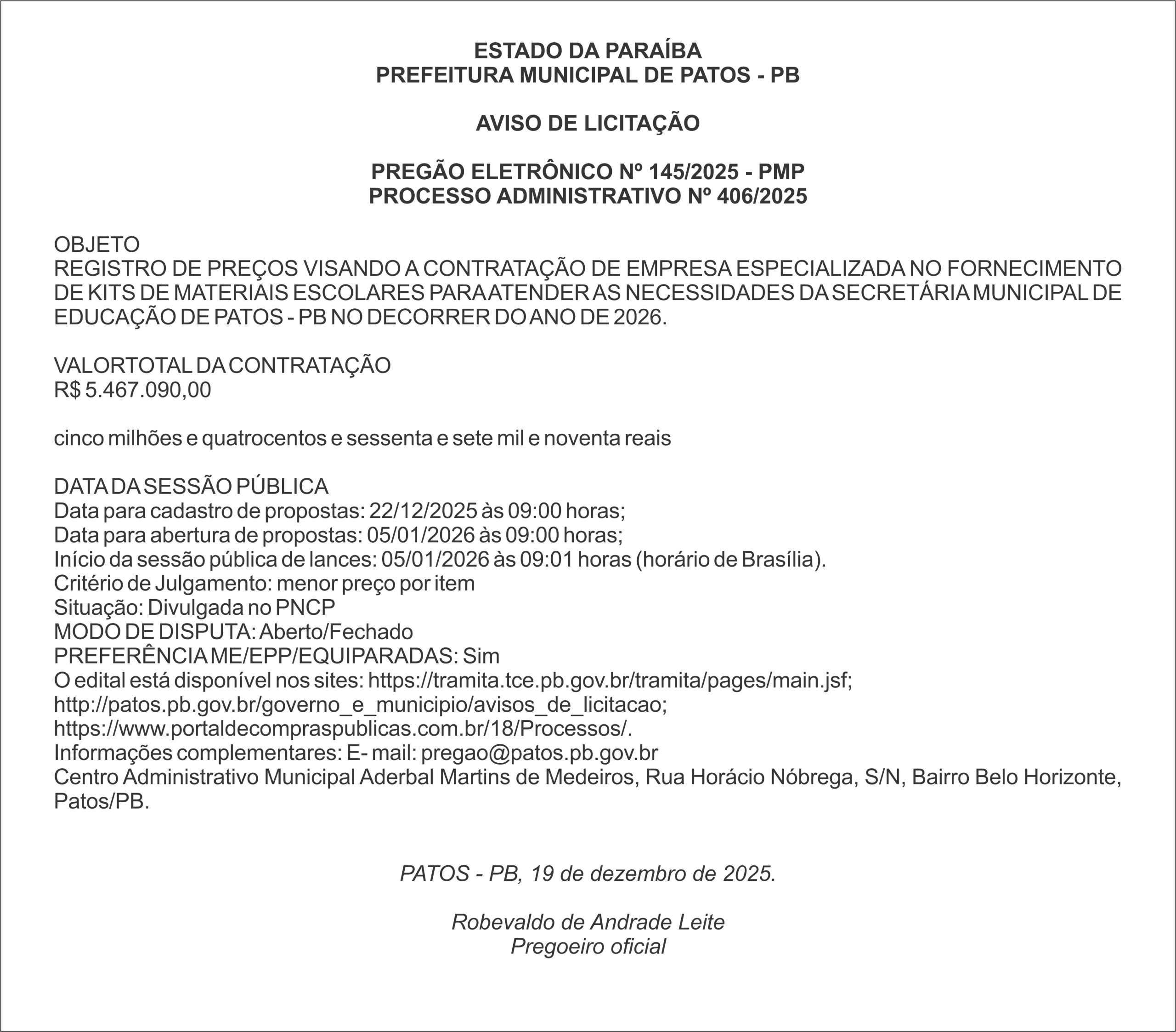 PREFEITURA MUNICIPAL DE PATOS – PB – PREGÃO ELETRÔNICO Nº 145/2025 – PMP