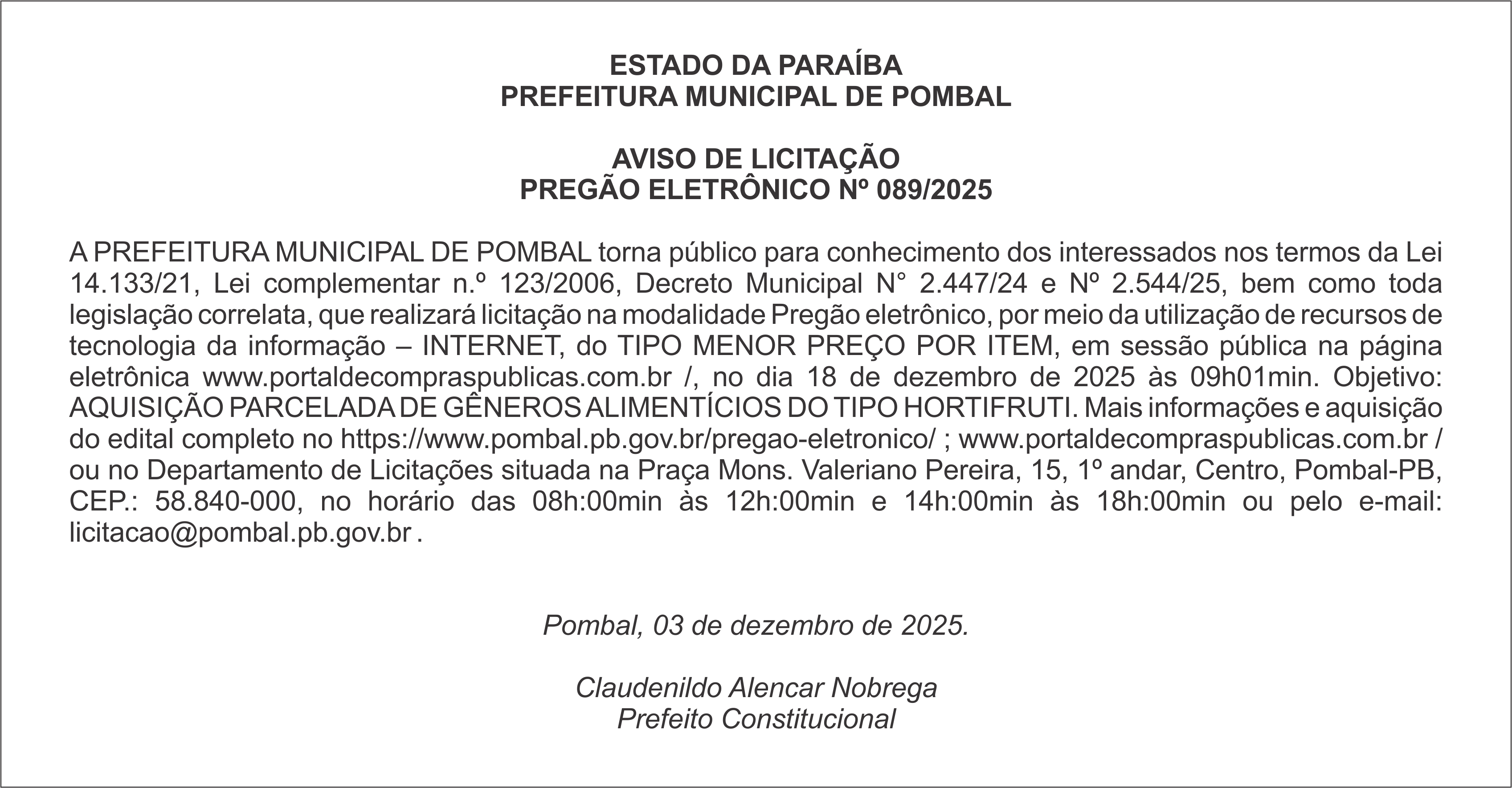 PREFEITURA MUNICIPAL DE POMBAL – AVISO DE LICITAÇÃO – PREGÃO ELETRÔNICO Nº 089/2025