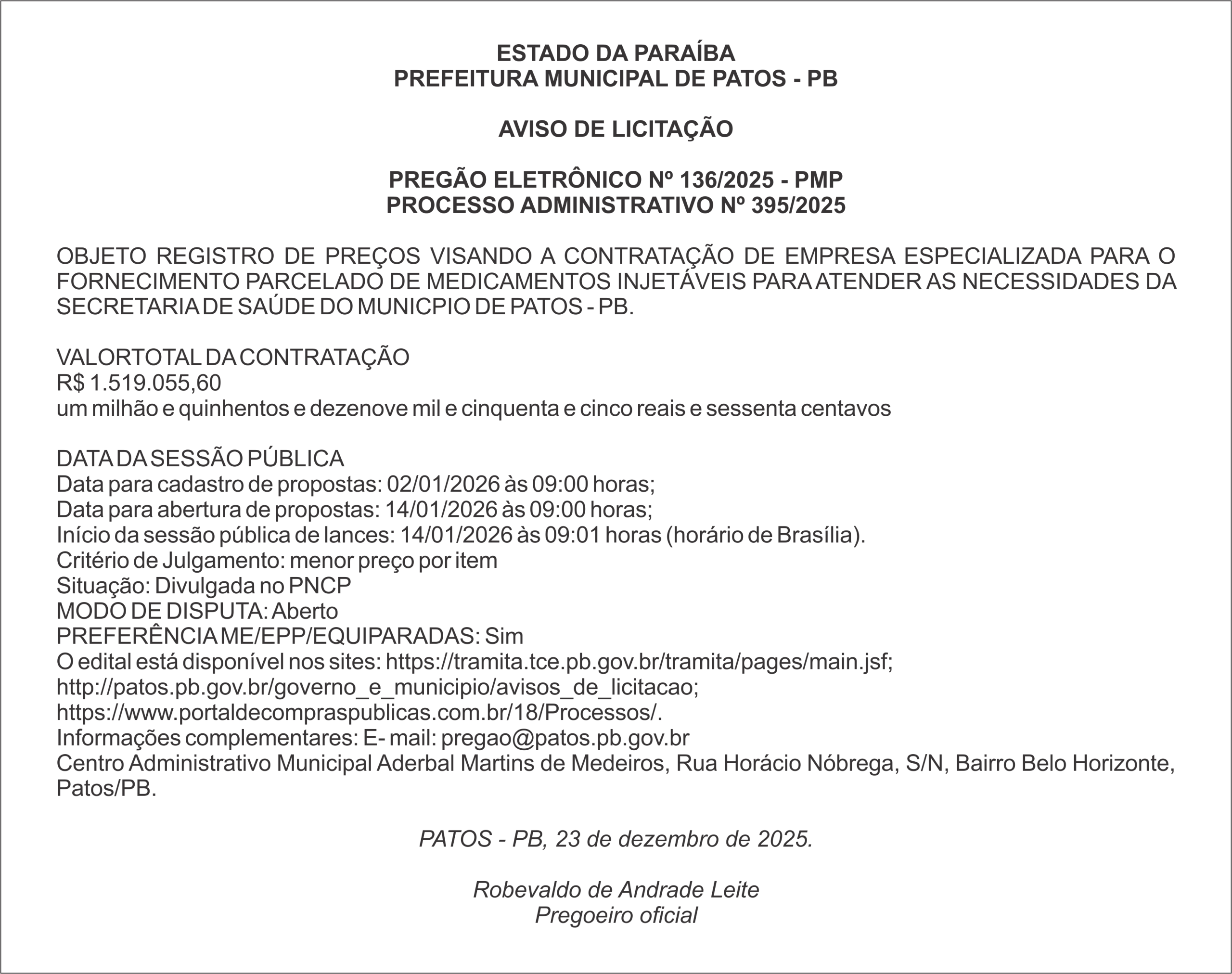PREFEITURA MUNICIPAL DE PATOS – PB – PREGÃO ELETRÔNICO Nº 136/2025 – PMP