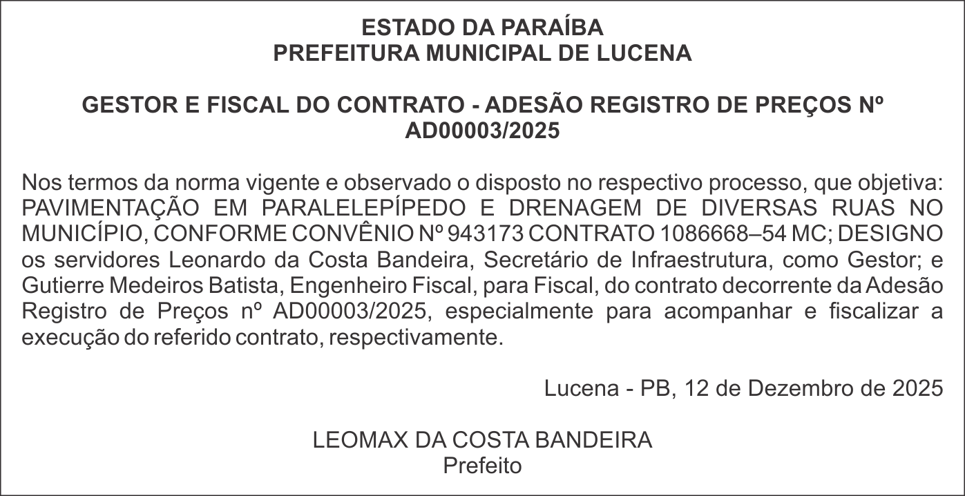 PREFEITURA MUNICIPAL DE LUCENA – GESTOR E FISCAL DO CONTRATO – ADESÃO REGISTRO DE PREÇOS Nº AD00003/2025