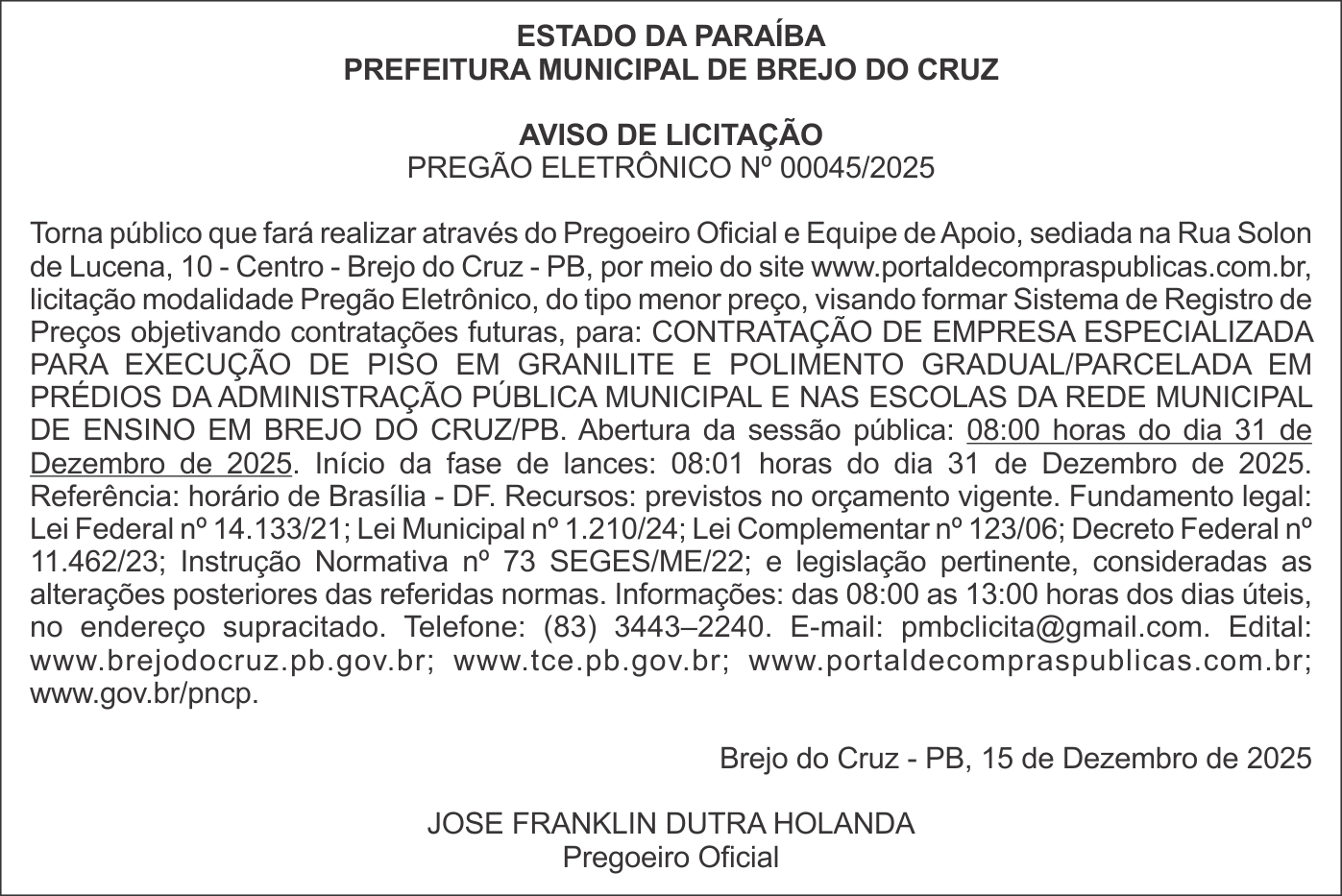 PREFEITURA MUNICIPAL DE BREJO DO CRUZ – AVISO DE LICITAÇÃO – PREGÃO ELETRÔNICO Nº 00045/2025