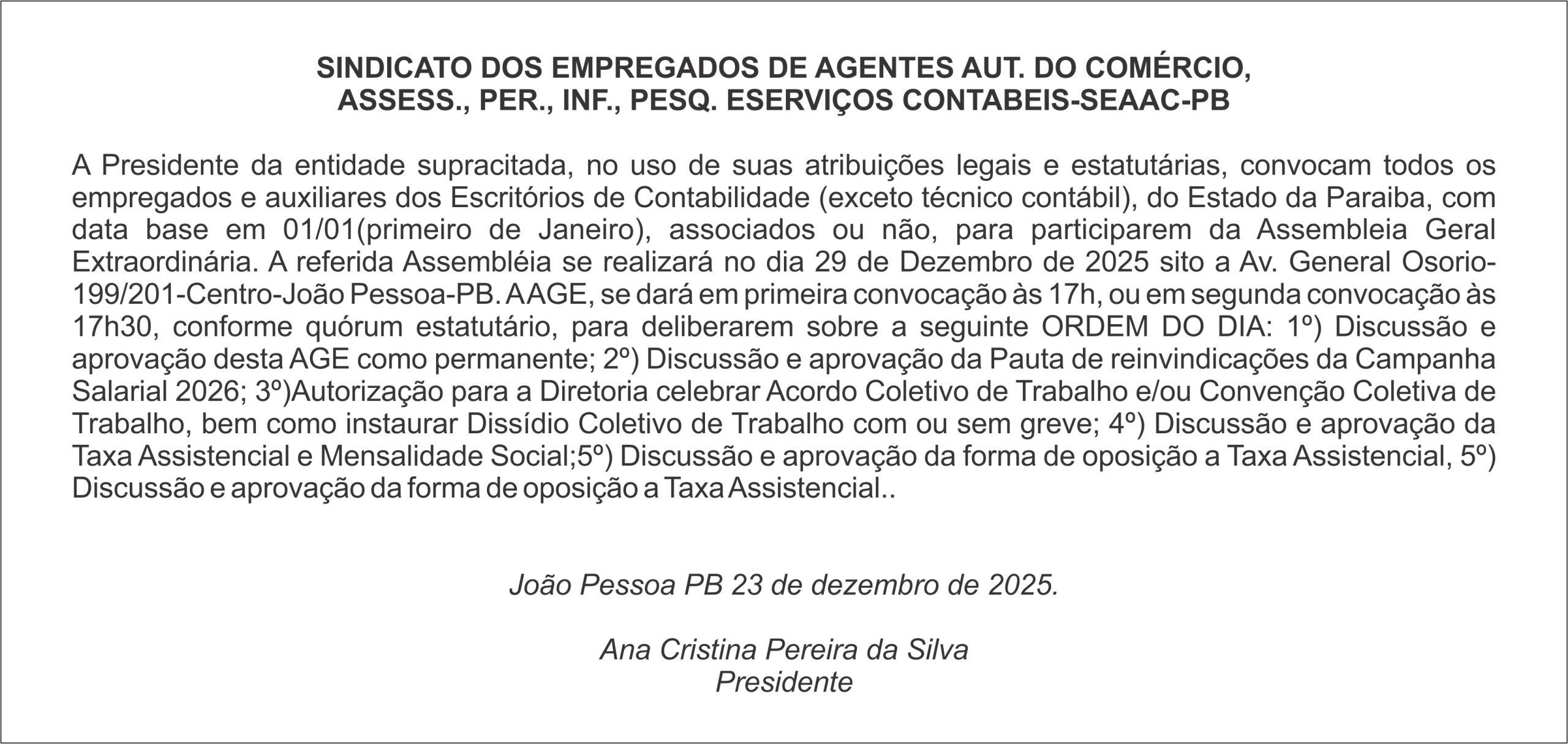 SEAAC-PB – Assembleia Geral Extraordinária