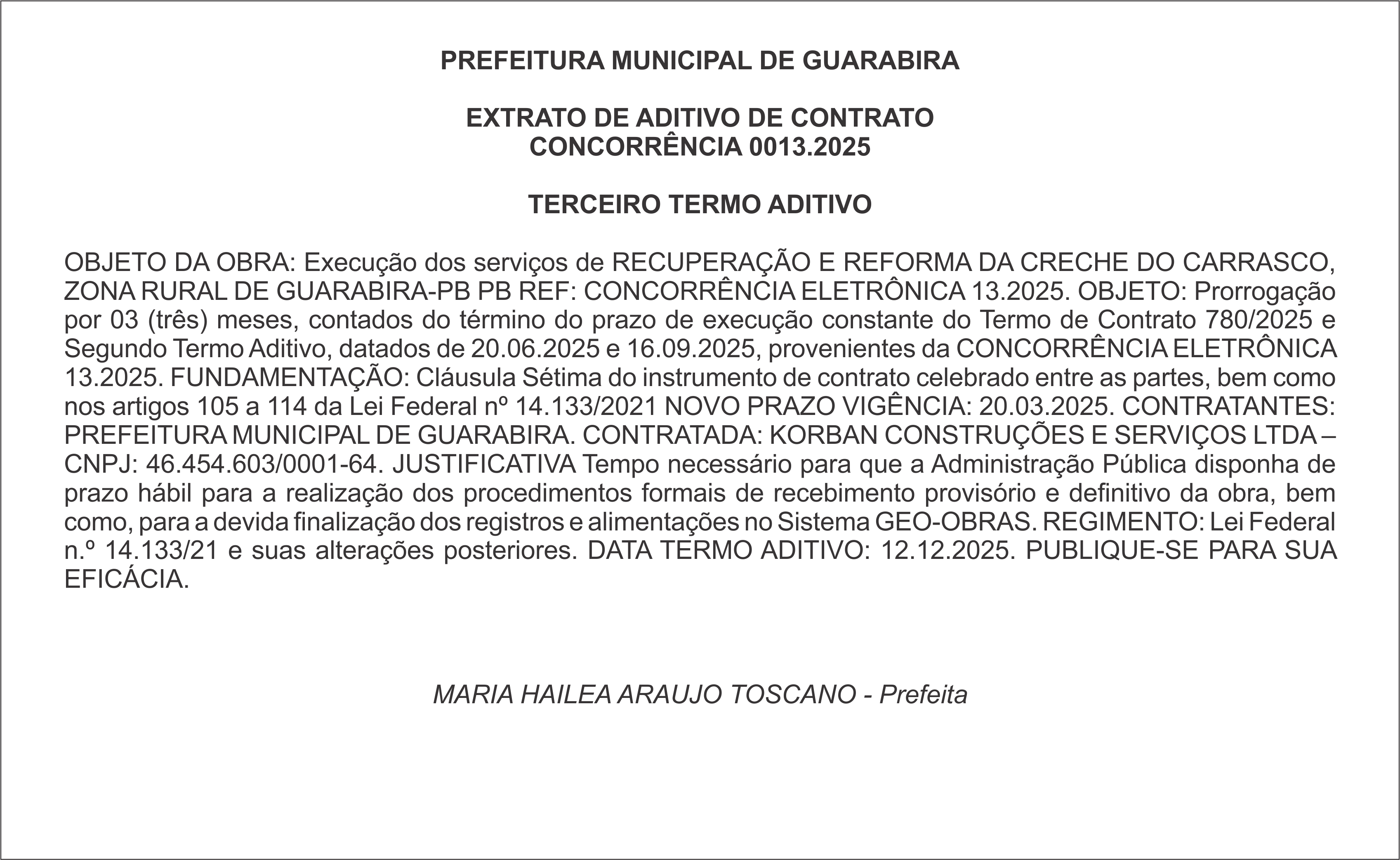 PREFEITURA MUNICIPAL DE GUARABIRA – EXTRATO DE ADITIVO DE CONTRATO – CONCORRÊNCIA 0013.2025