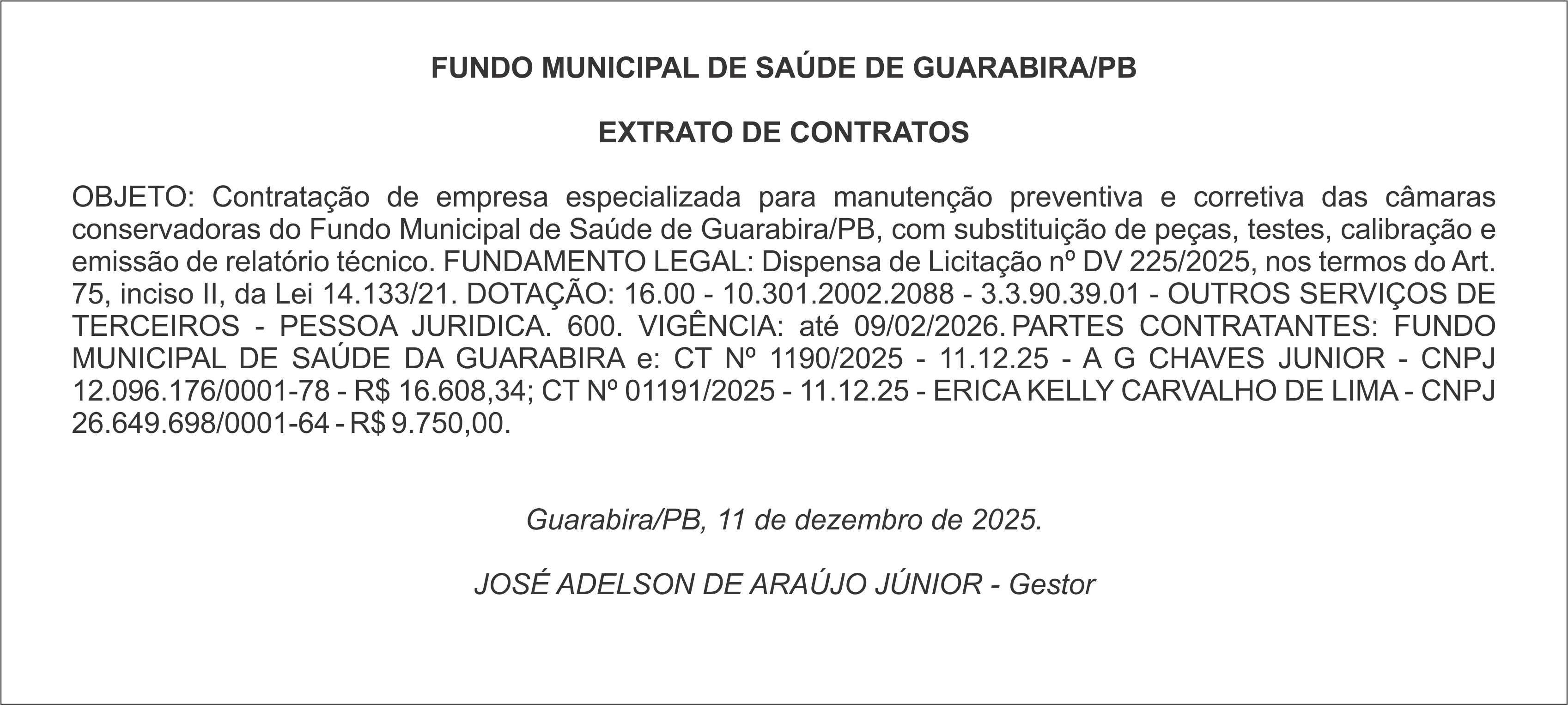 FUNDO MUNICIPAL DE SAÚDE DE GUARABIRA/PB – EXTRATO DE CONTRATOS