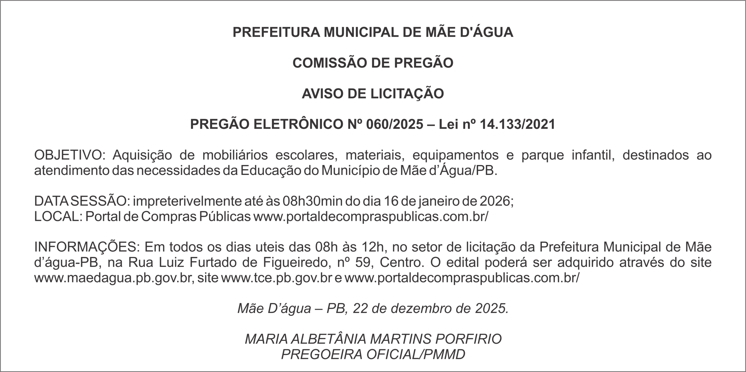 PREFEITURA DE MÃE D’ÁGUA – AVISO DE LICITAÇÃO – PREGÃO ELETRÔNICO Nº 060/2025