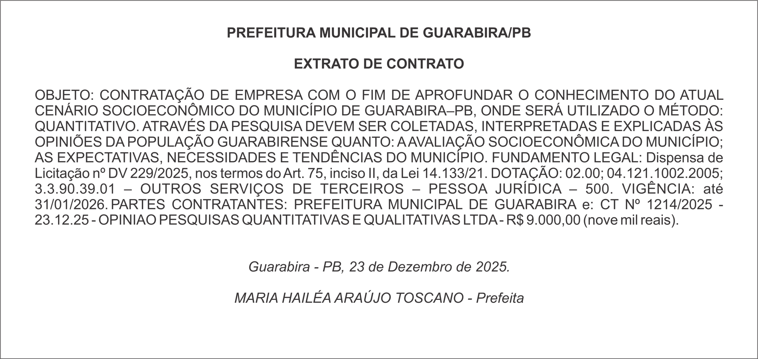 PREFEITURA MUNICIPAL DE GUARABIRA/PB – EXTRATO DE CONTRATO