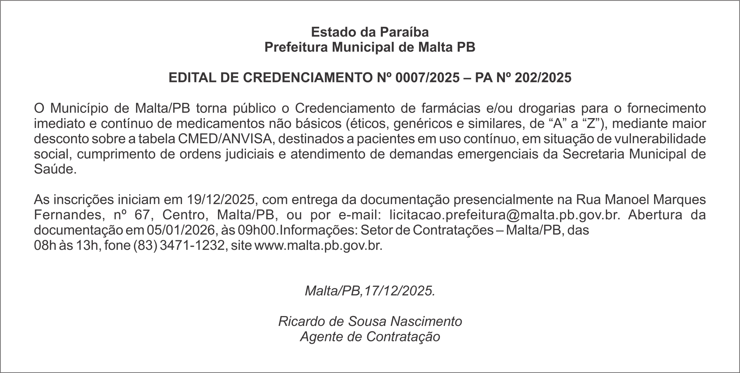 Prefeitura Municipal de Malta PB – EDITAL DE CREDENCIAMENTO Nº 0007/2025 – PA Nº 202/2025