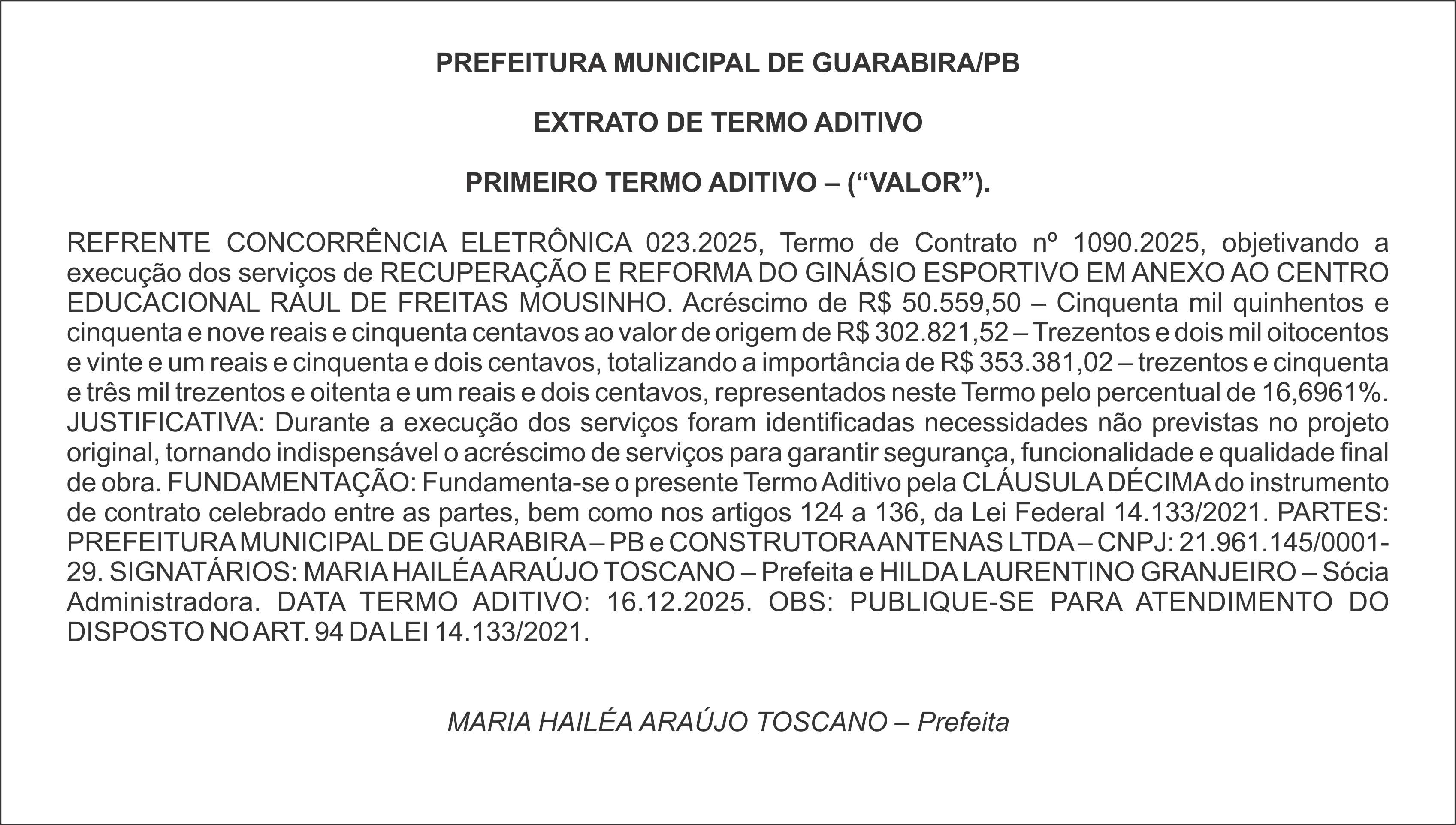 PREFEITURA MUNICIPAL DE GUARABIRA/PB – EXTRATO DE TERMO ADITIVO