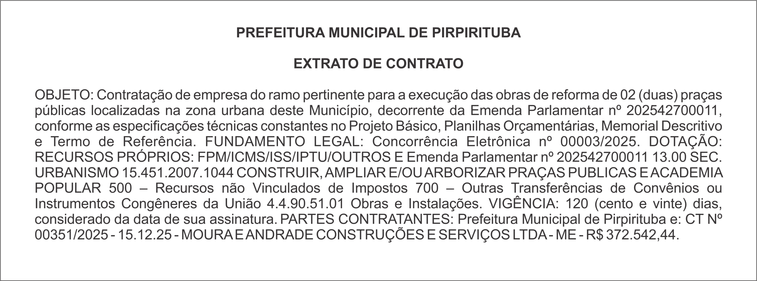PREFEITURA MUNICIPAL DE PIRPIRITUBA – EXTRATO DE CONTRATO