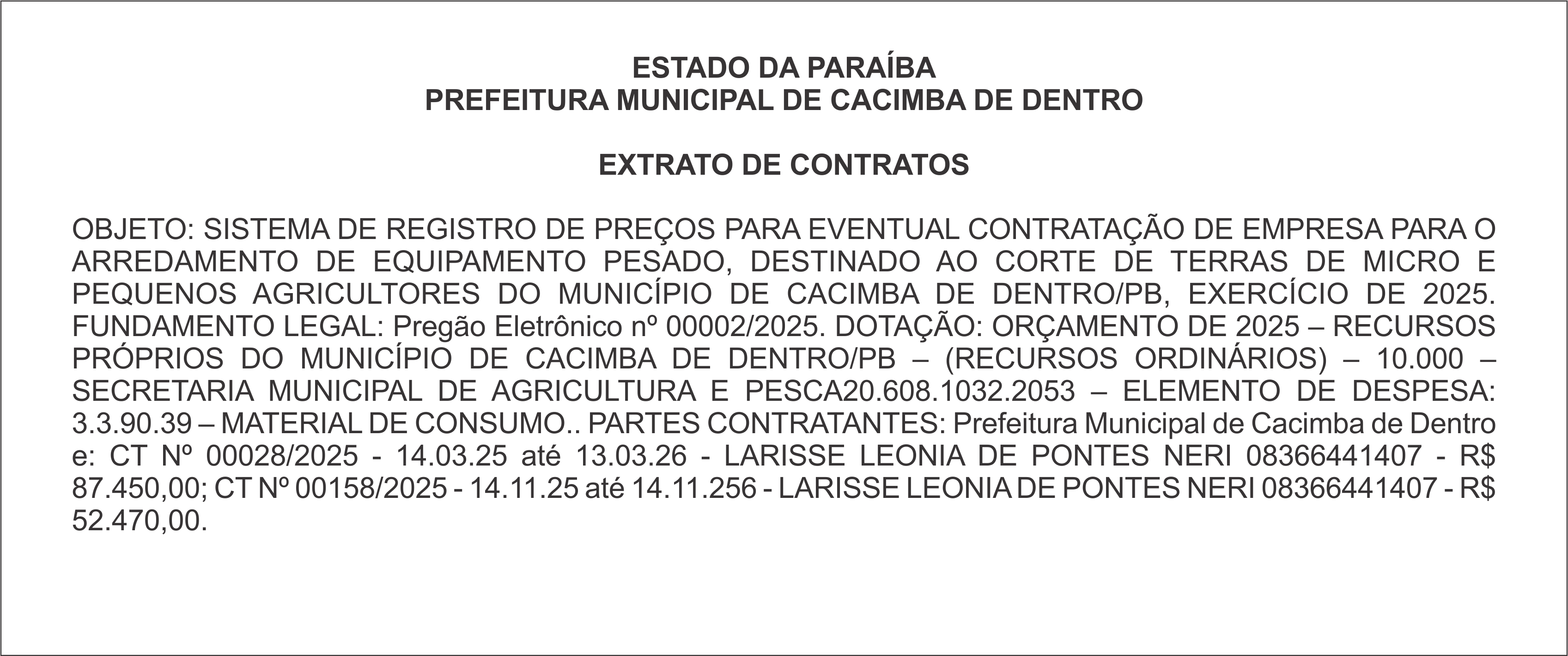 PREFEITURA MUNICIPAL DE CACIMBA DE DENTRO – EXTRATO DE CONTRATOS