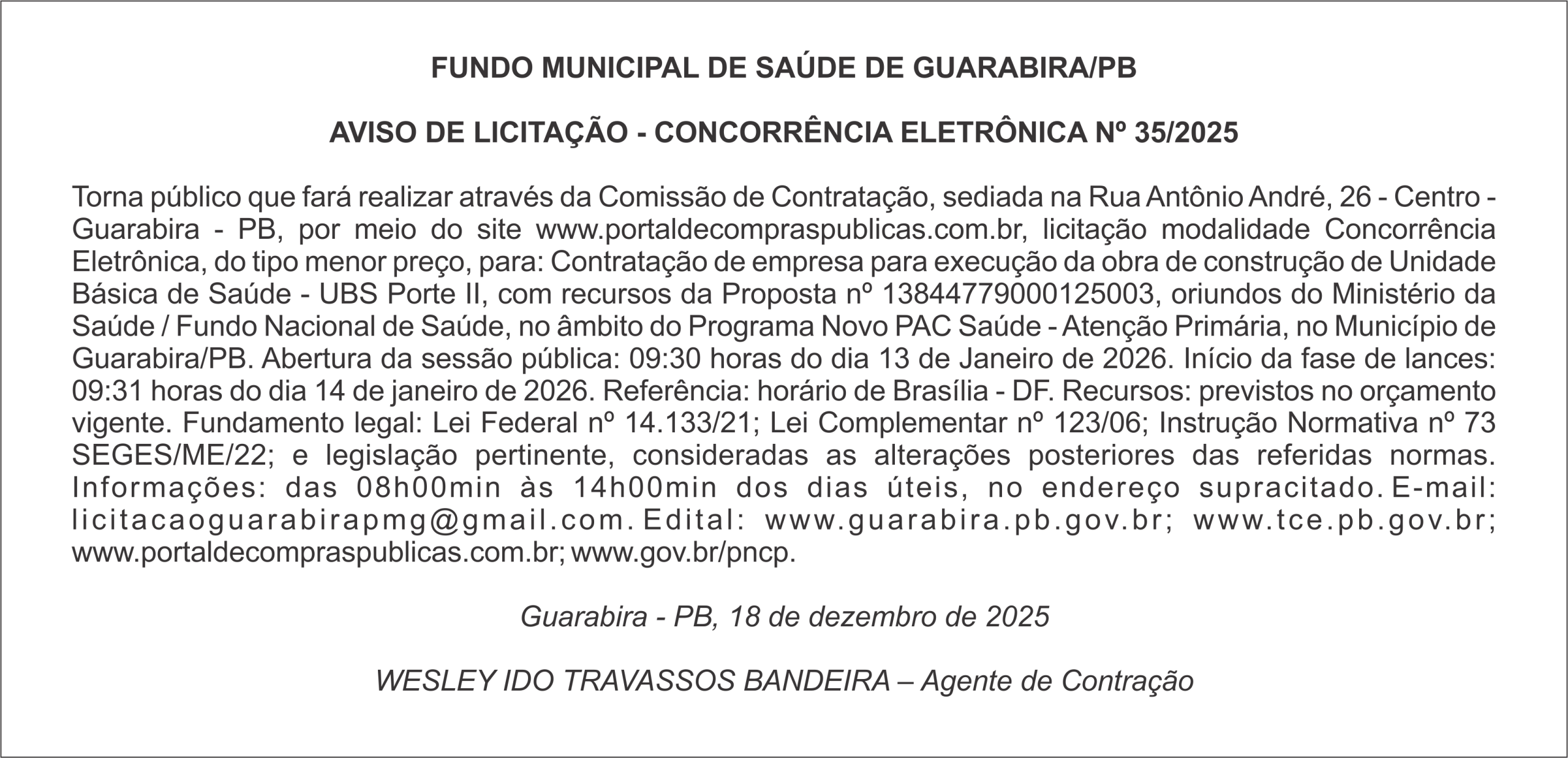 FUNDO MUNICIPAL DE SAÚDE DE GUARABIRA/PB- AVISO DE LICITAÇÃO – CONCORRÊNCIA ELETRÔNICA Nº 35/2025