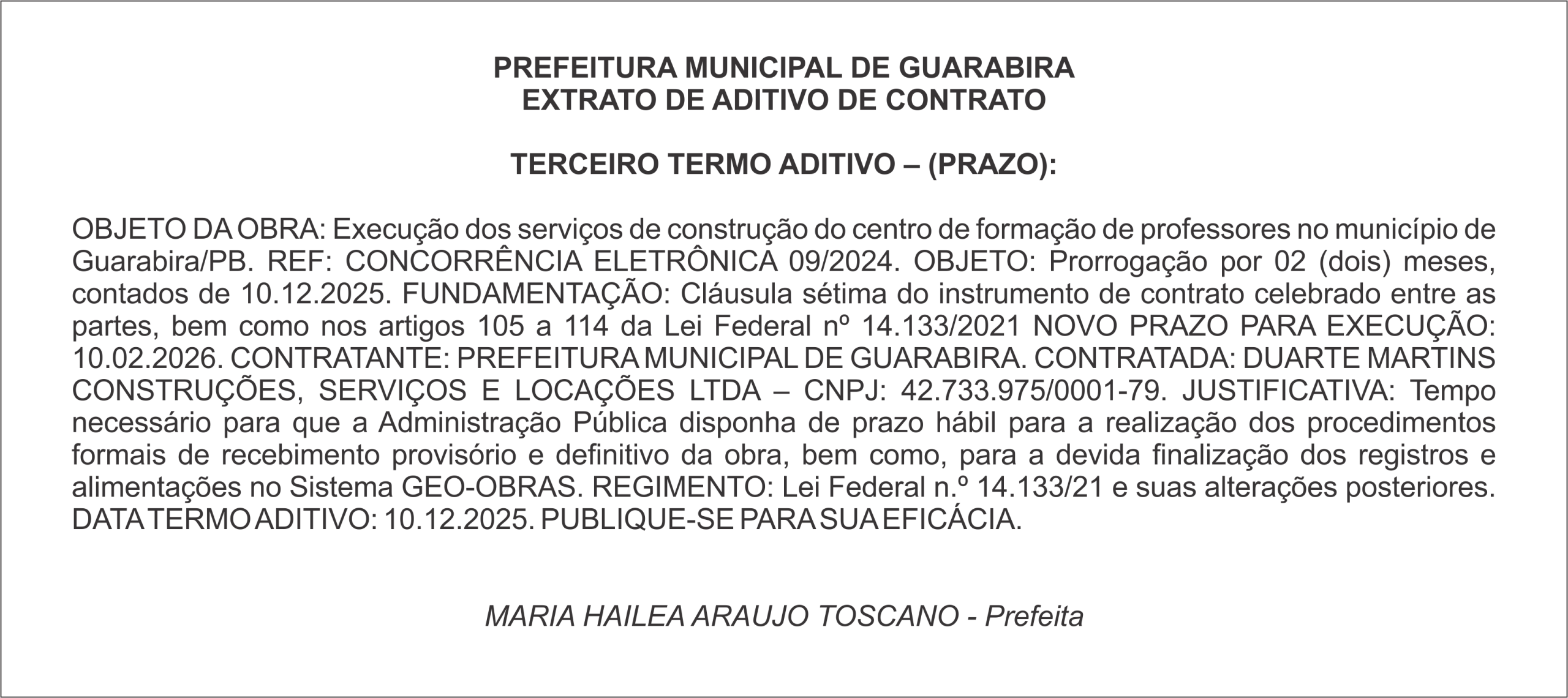 PREFEITURA MUNICIPAL DE GUARABIRA EXTRATO DE ADITIVO DE CONTRATO
