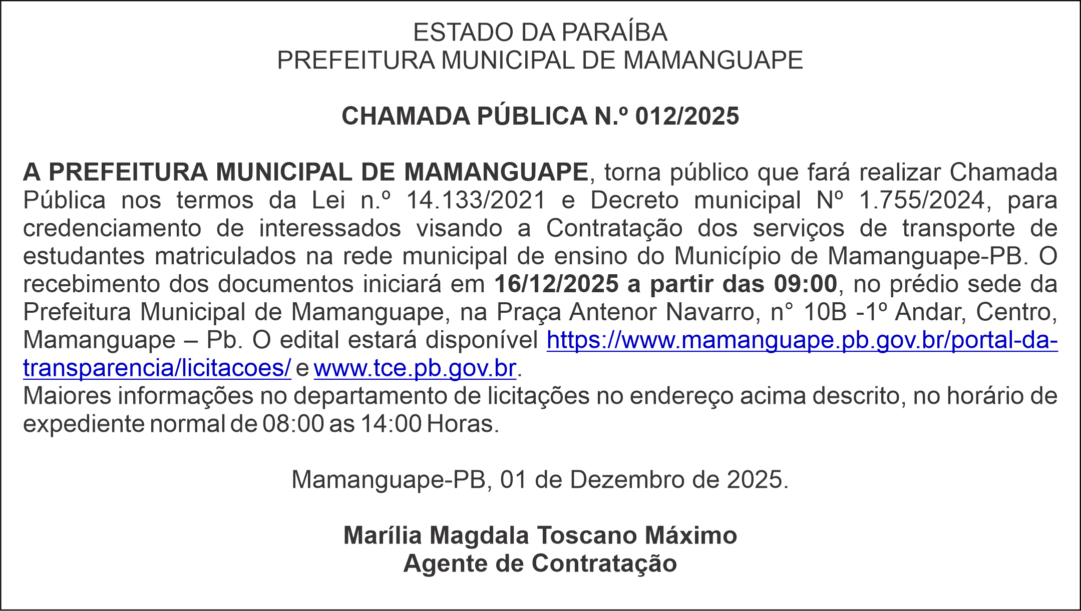 PREFEITURA MUNICIPAL DE MAMANGUAPE – CHAMADA PÚBLICA N.º 012/2025