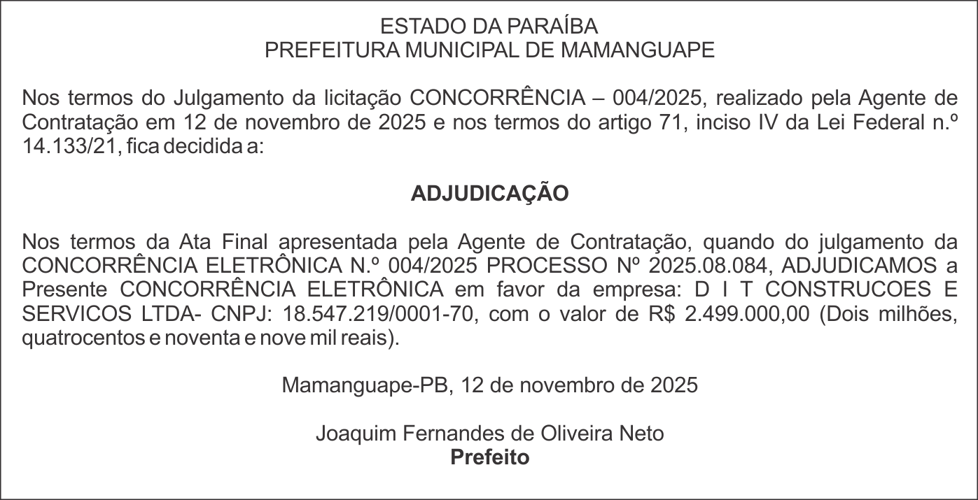 PREFEITURA MUNICIPAL DE MAMANGUAPE – ADJUDICAÇÃO