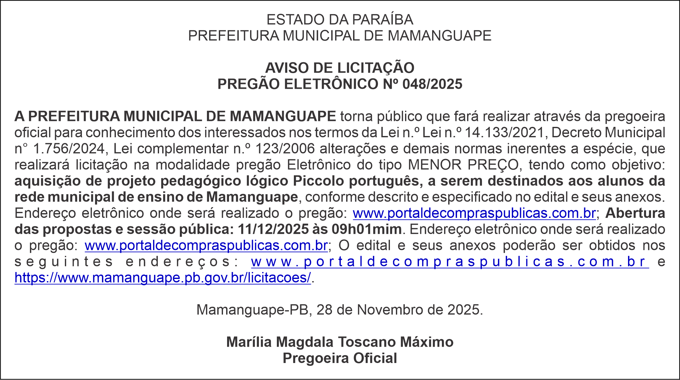 PREFEITURA MUNICIPAL DE MAMANGUAPE – AVISO DE LICITAÇÃO – PREGÃO ELETRÔNICO Nº 048/2025
