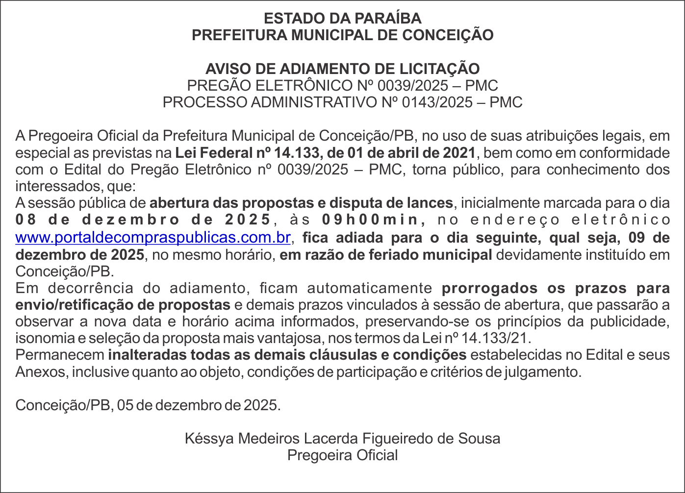 PREFEITURA MUNICIPAL DE CONCEIÇÃO – AVISO DE ADIAMENTO DE LICITAÇÃO – PREGÃO ELETRÔNICO Nº 0039/2025 – PMC