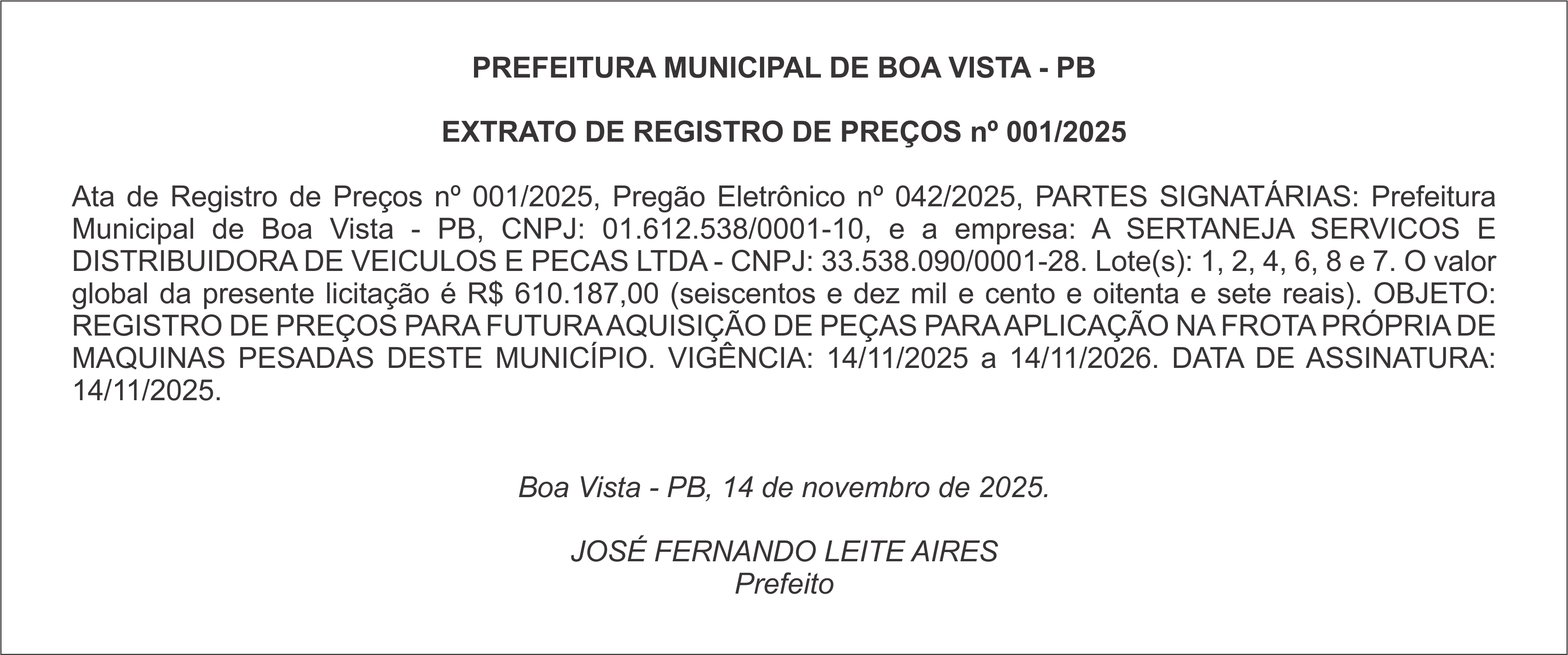 PREFEITURA MUNICIPAL DE BOA VISTA – PB – EXTRATO DE REGISTRO DE PREÇOS nº 001/2025