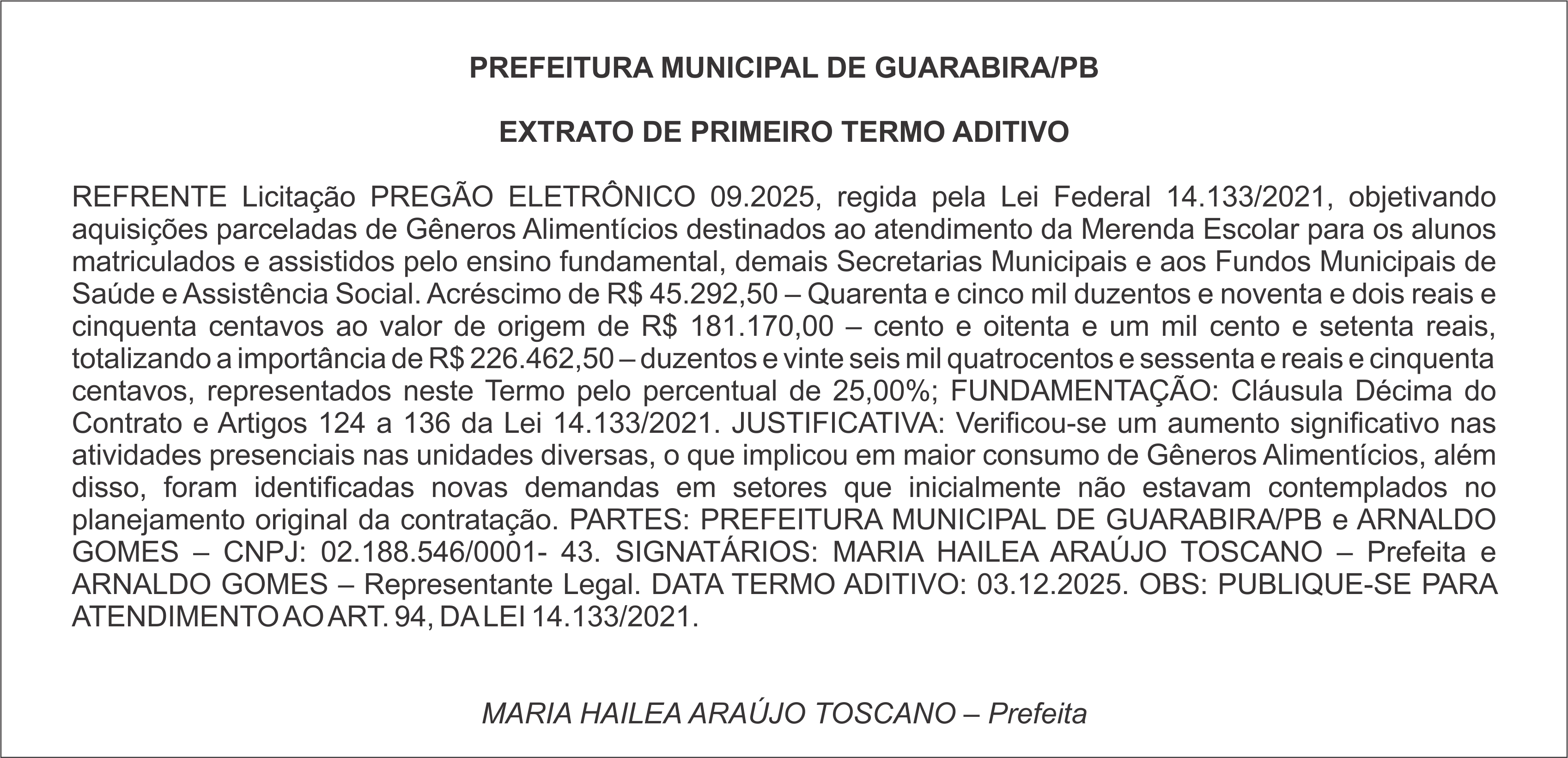 PREFEITURA MUNICIPAL DE GUARABIRA/PB – EXTRATO DE PRIMEIRO TERMO ADITIVO – REFERENTE PREGÃO ELETRÔNICO 09.2025