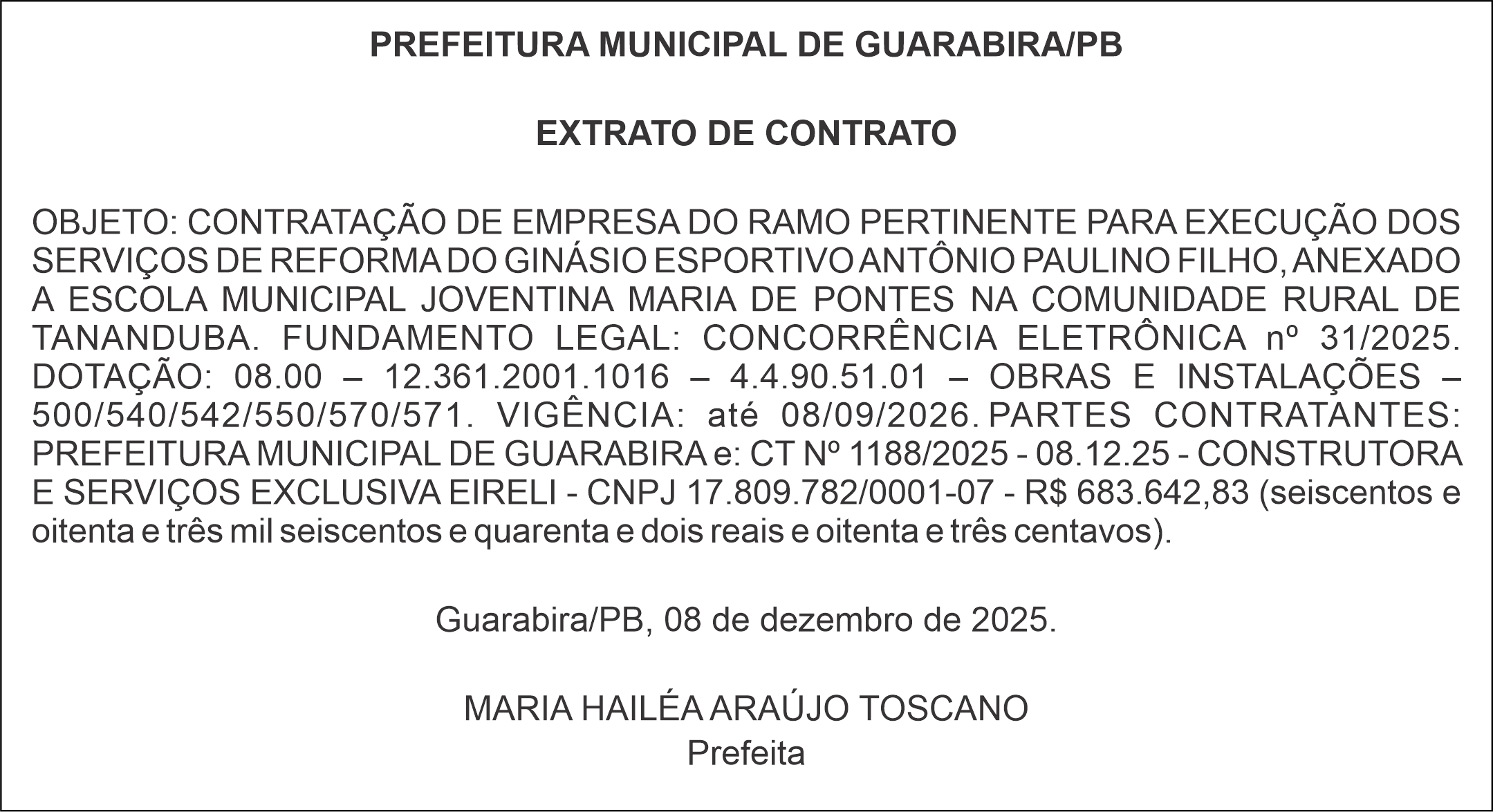 PREFEITURA MUNICIPAL DE GUARABIRA/PB – EXTRATO DE CONTRATO